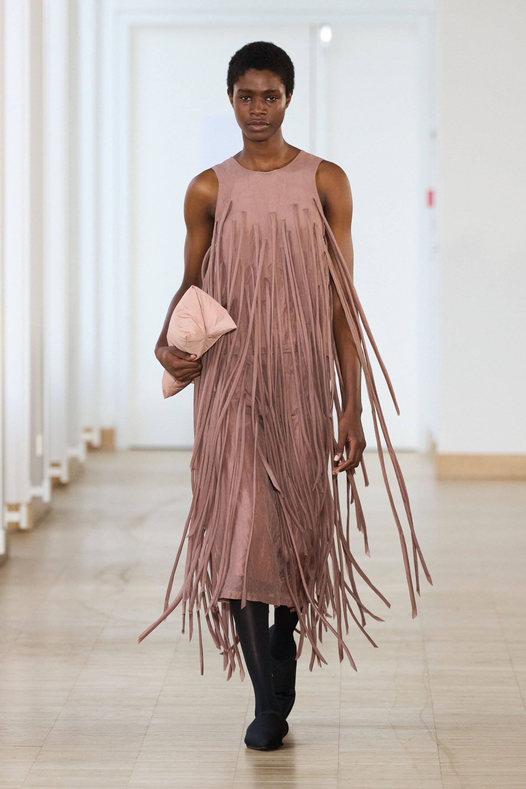 pink suede sleeveless high-neck fitted fringed midi dress