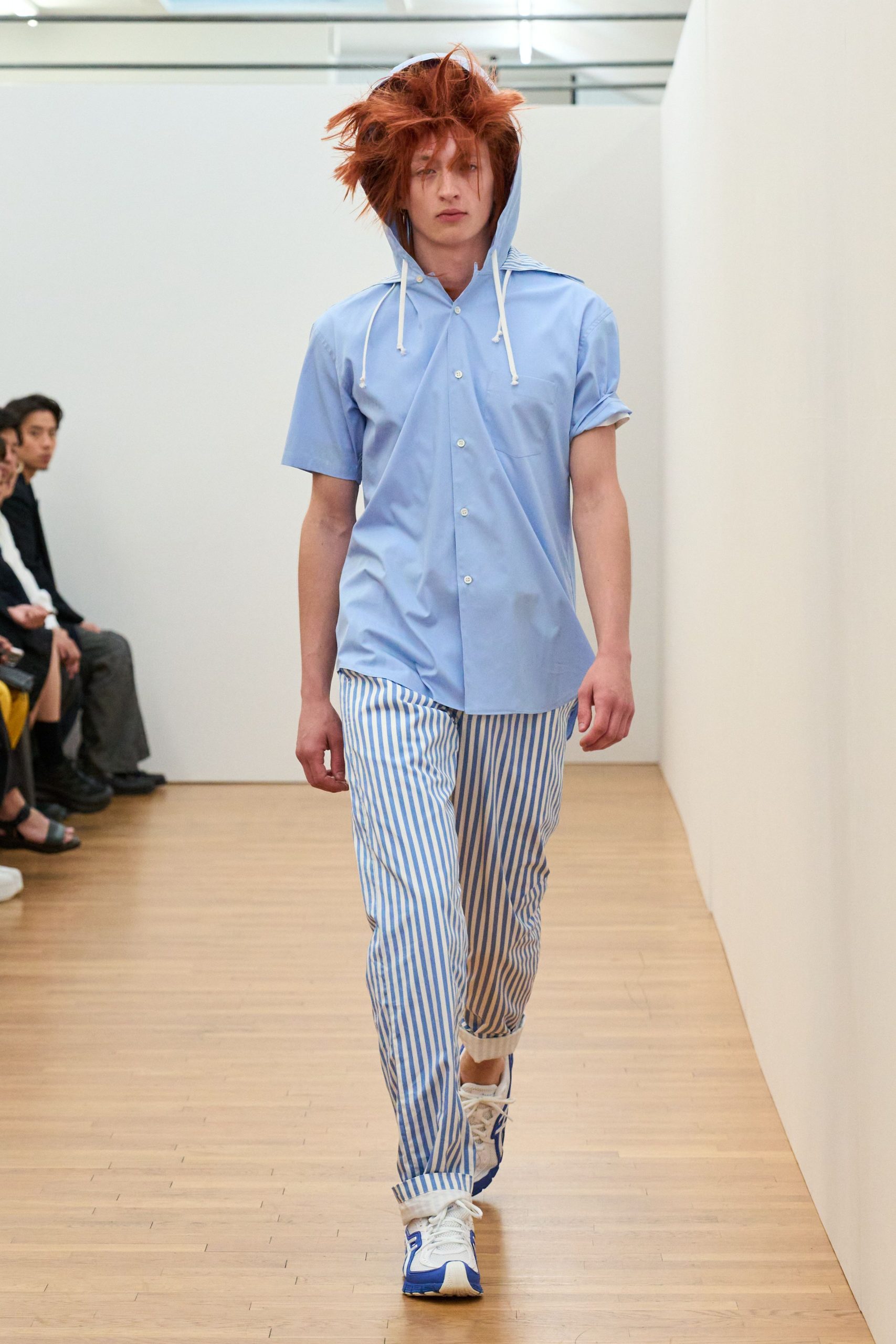 blue shirt and striped pants