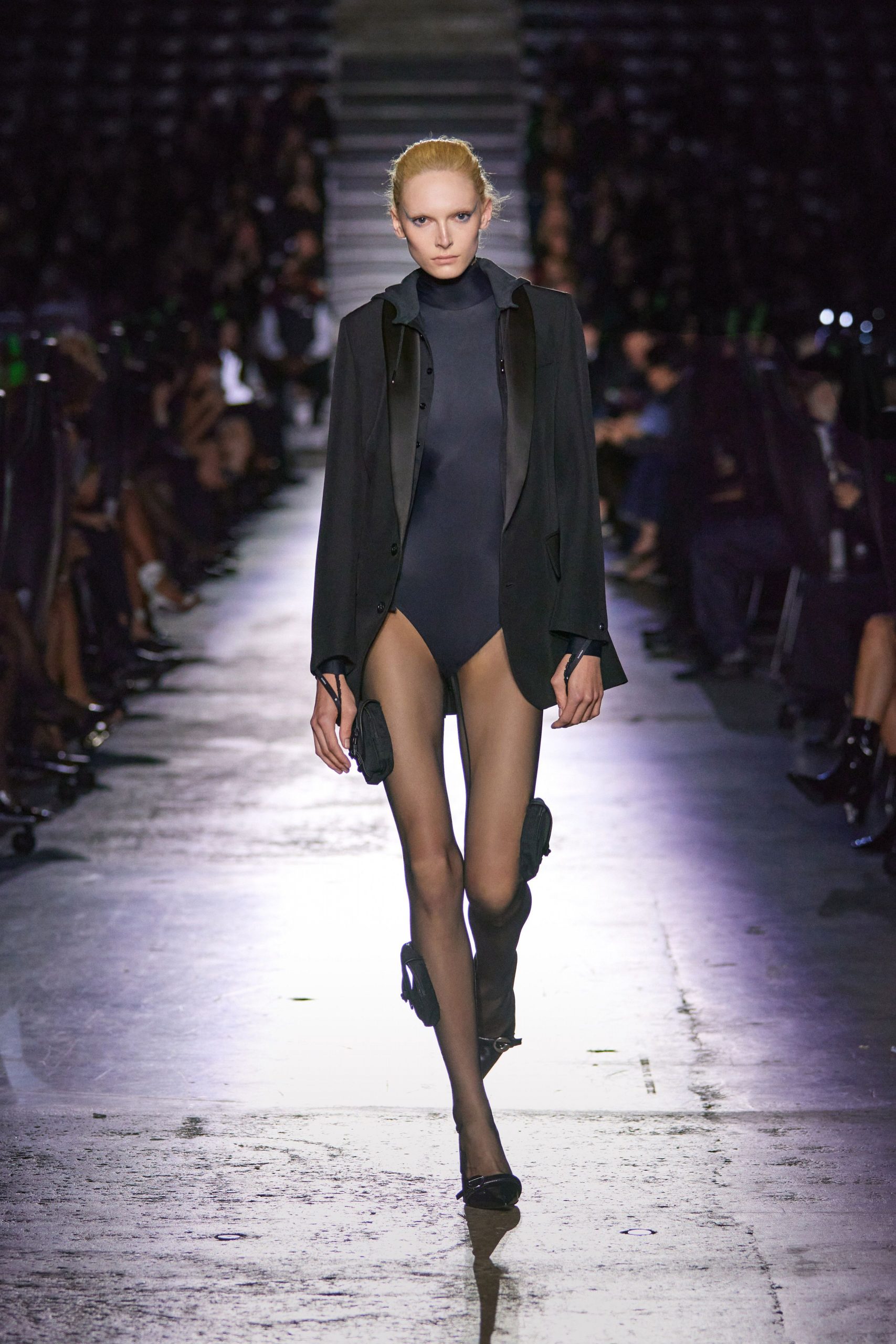 black bodysuit with blazer and heels