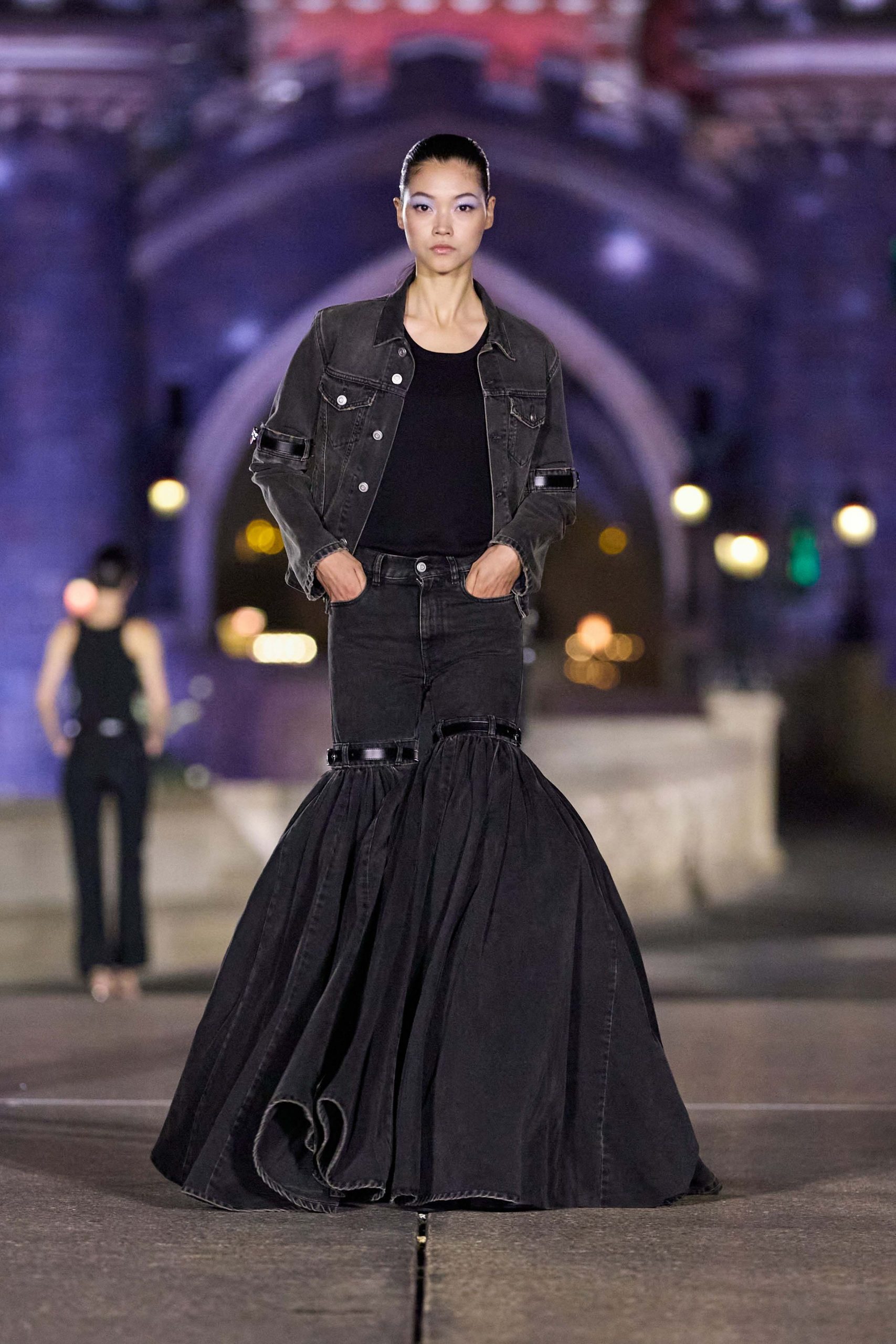 black denim fitted flared maxi skirt