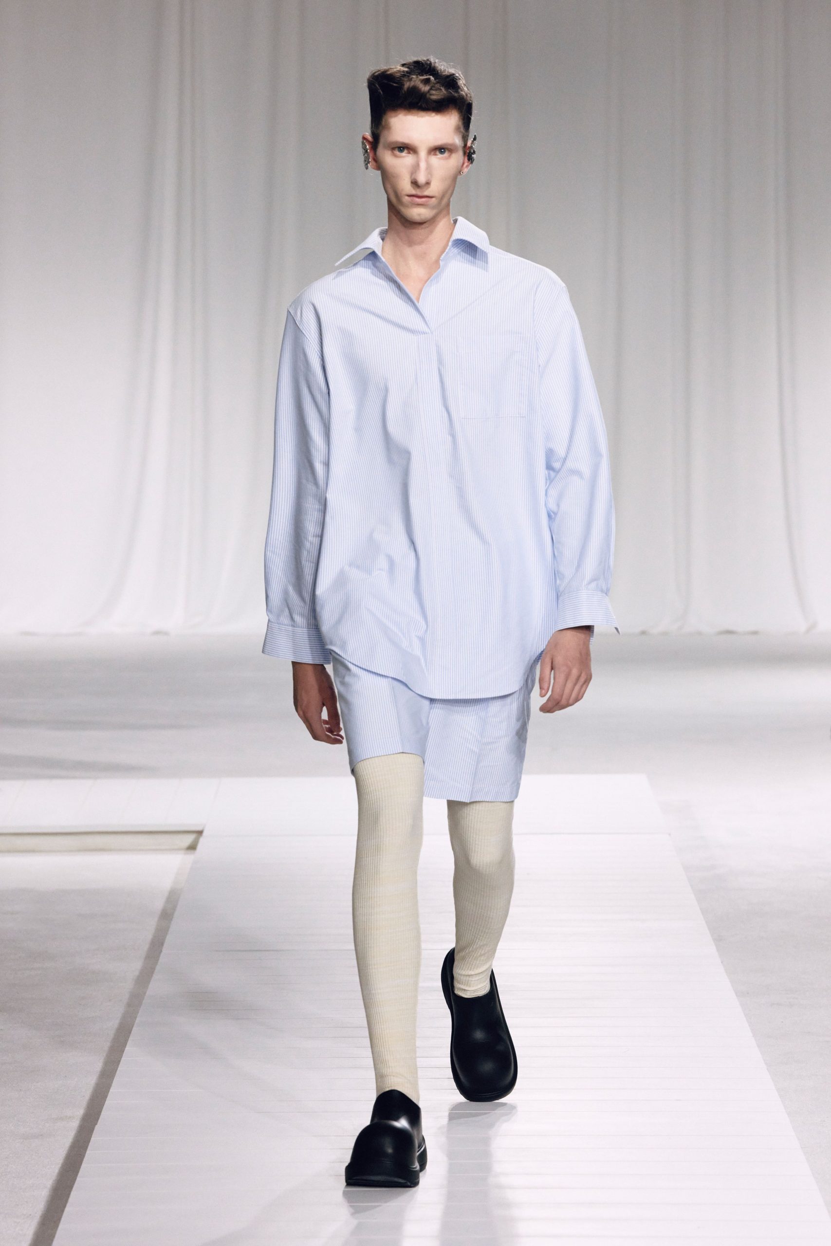blue and white striped shirt with shorts