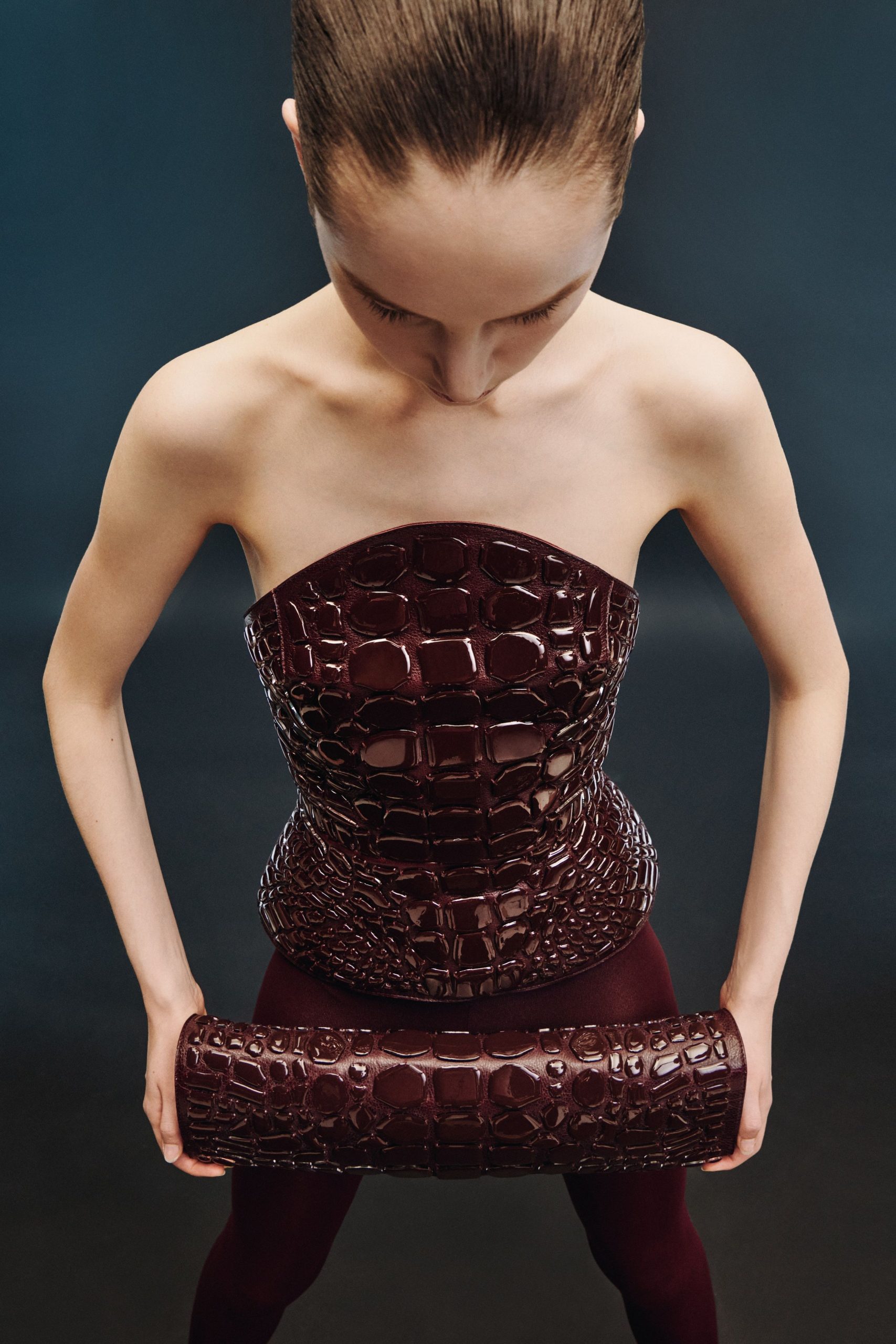 maroon vinyl strapless fitted textured corset