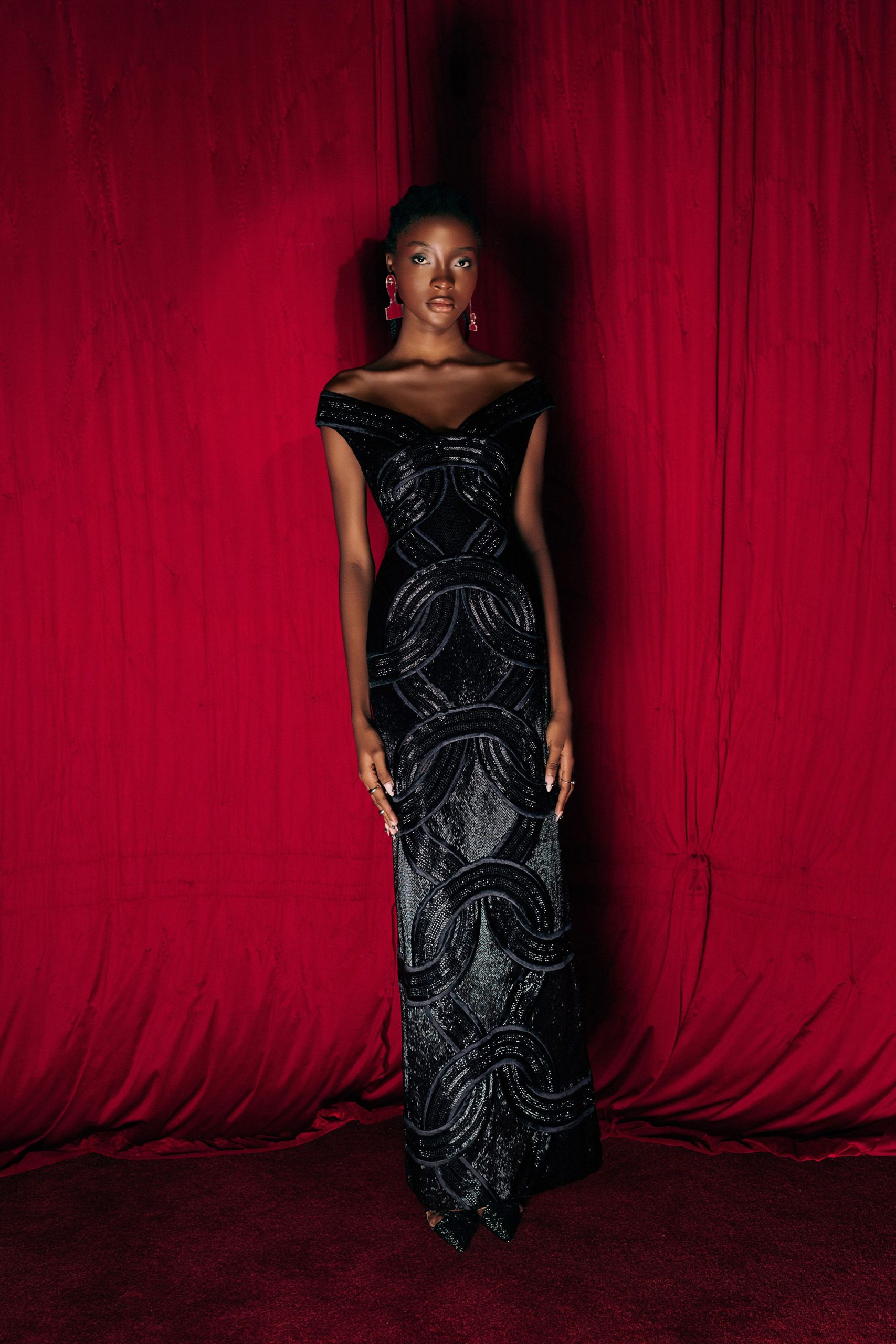 black velvet off-shoulder gown