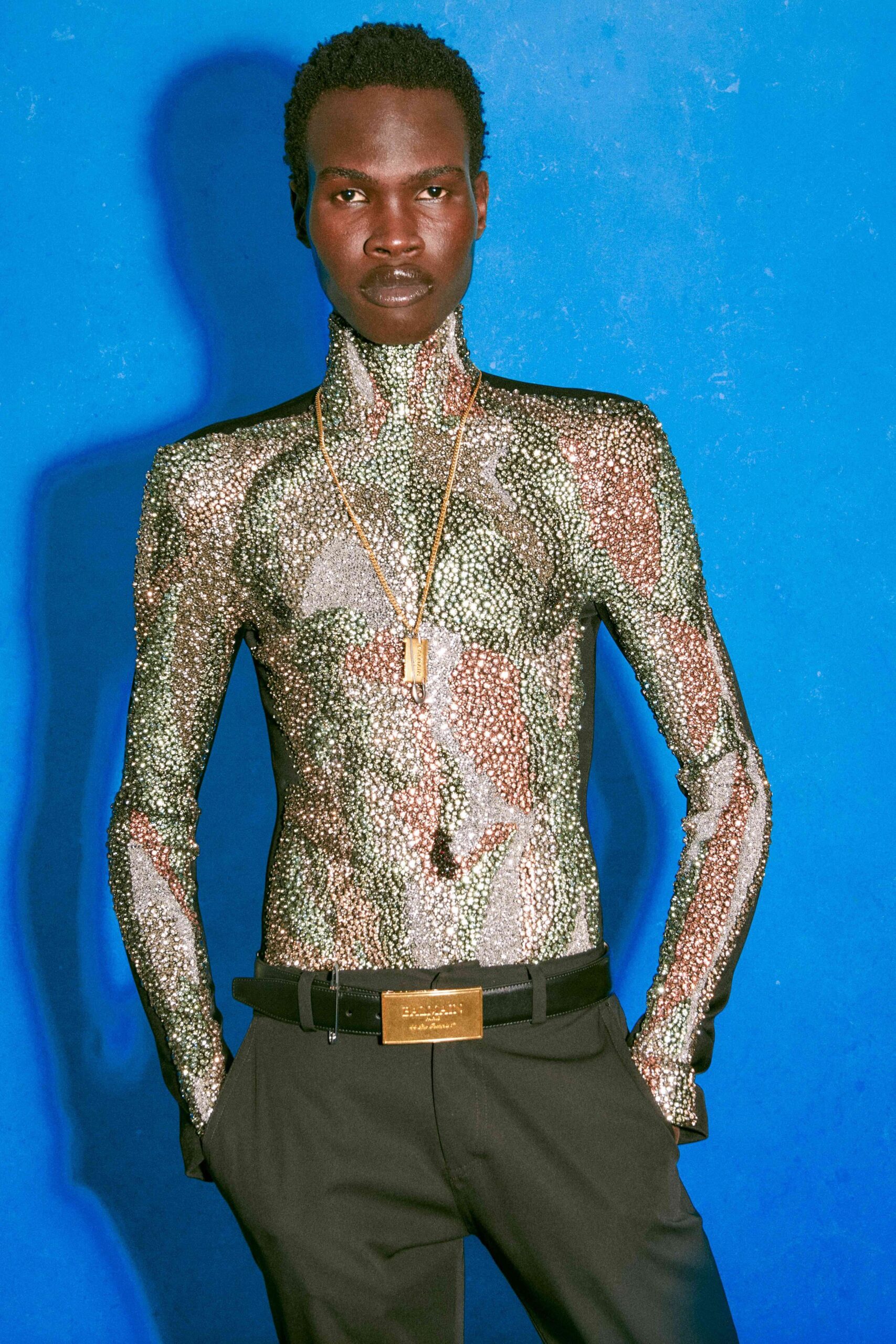 multi mesh long-sleeve turtleneck fitted sequined shiny top
