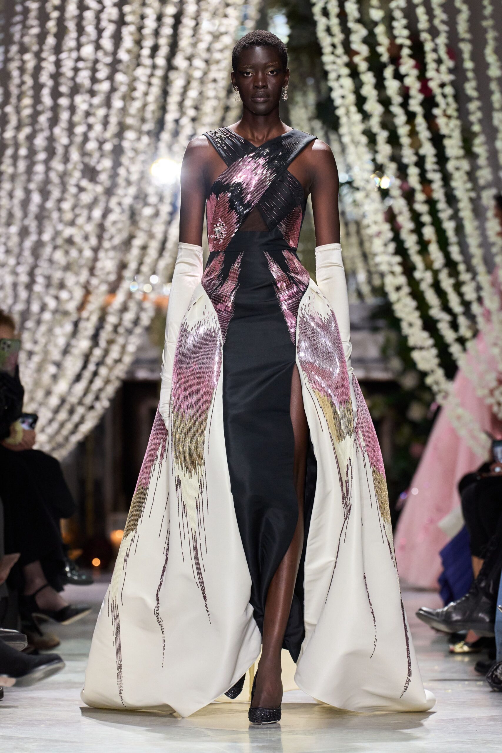 black silk sleeveless v-neck fitted pleated embellished gown