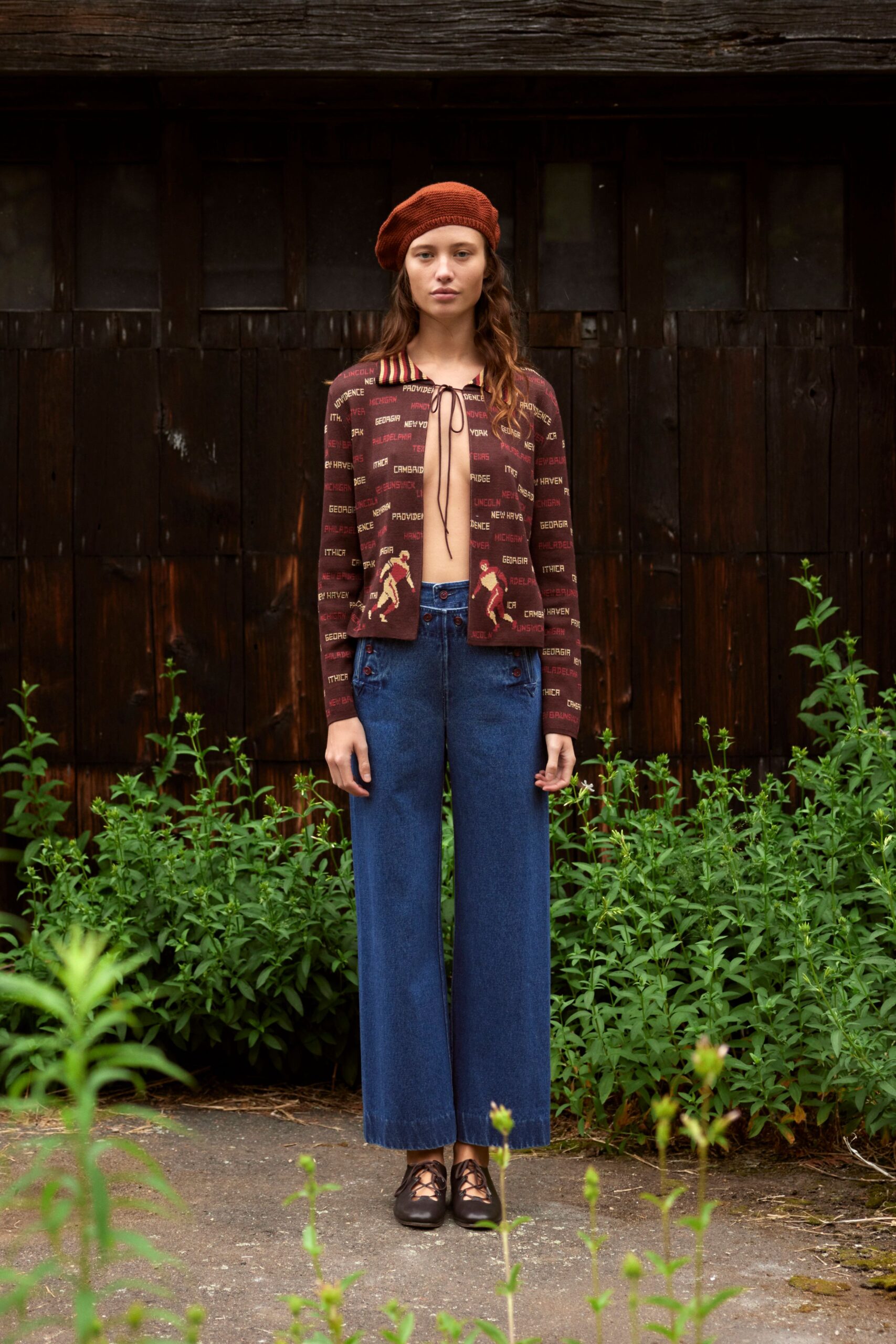 brown cotton long-sleeve collared relaxed printed cardigan