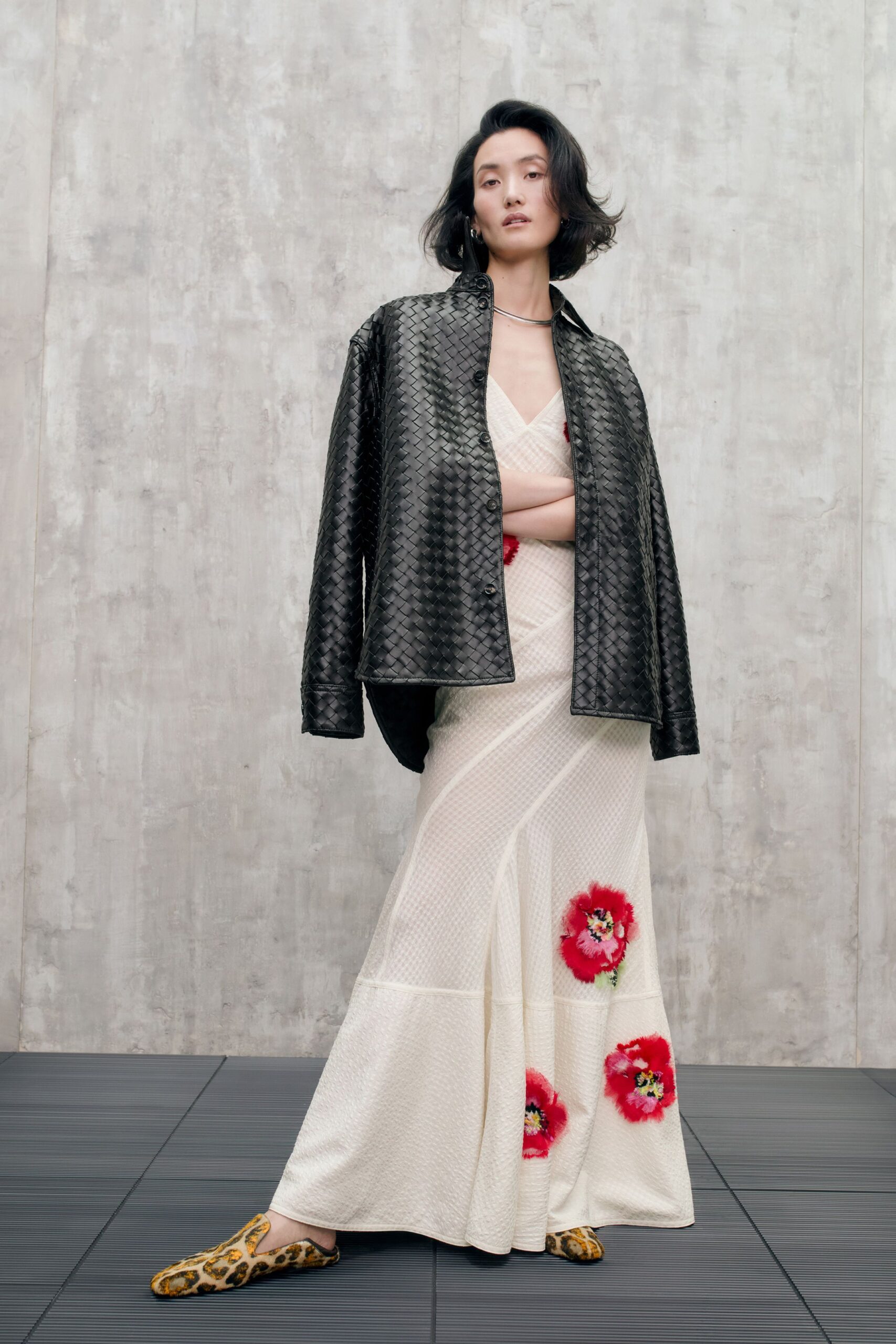 white floral maxi dress with black jacket