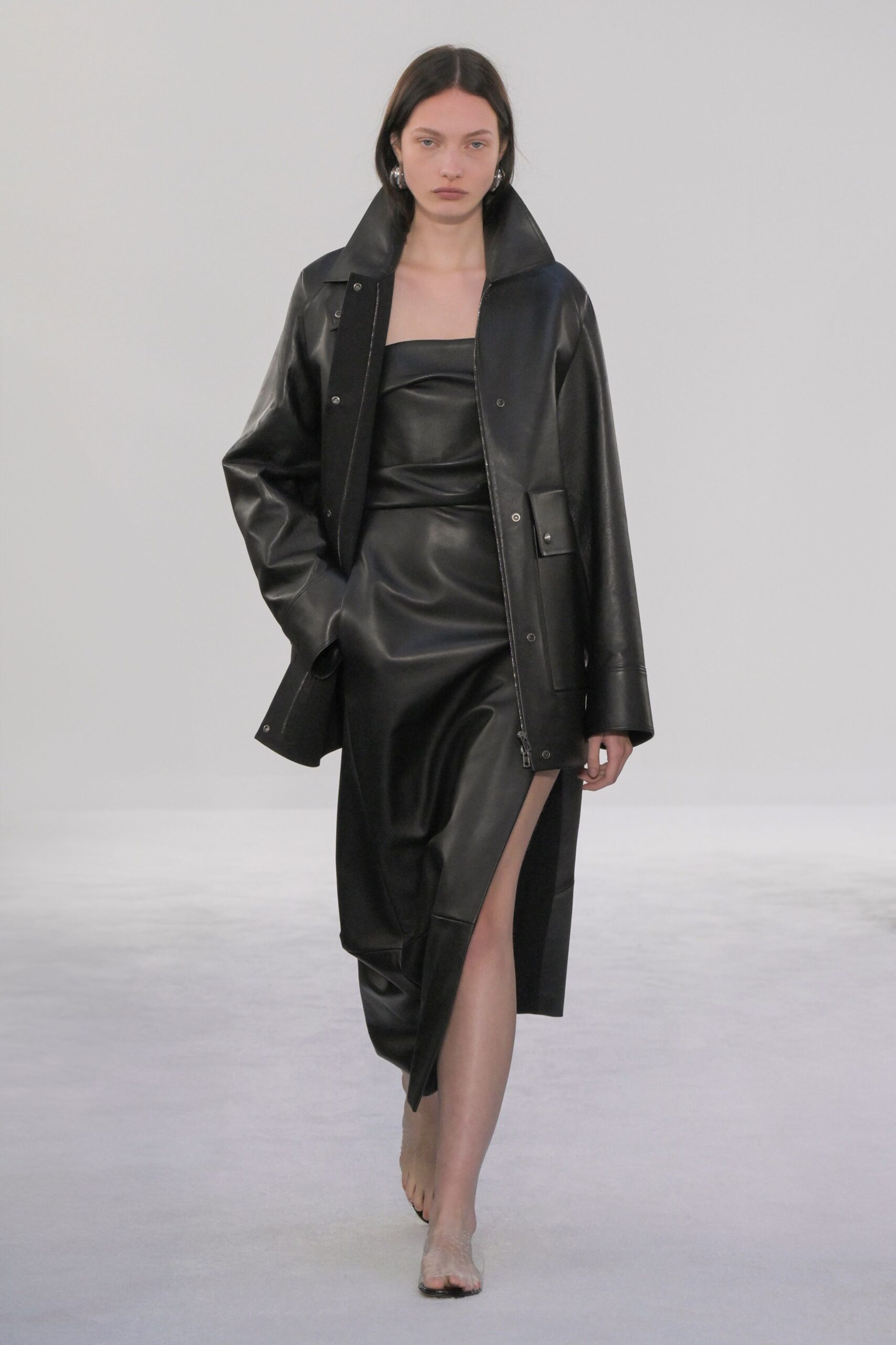 black leather coat and dress