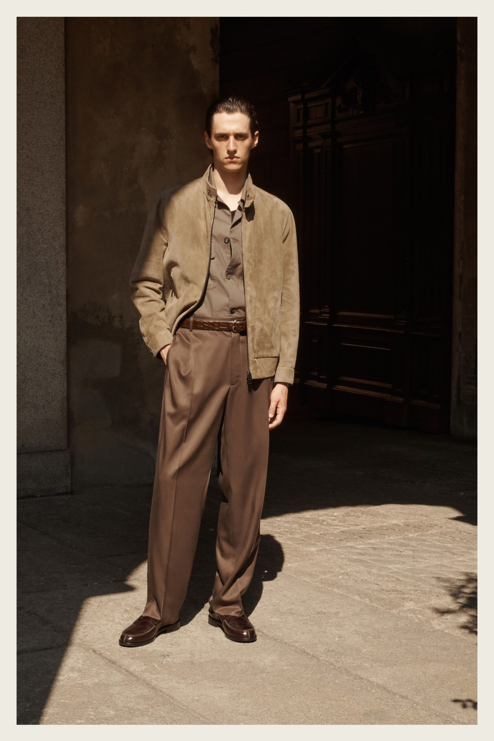 beige suede long-sleeve collared structured zippered pockets jacket