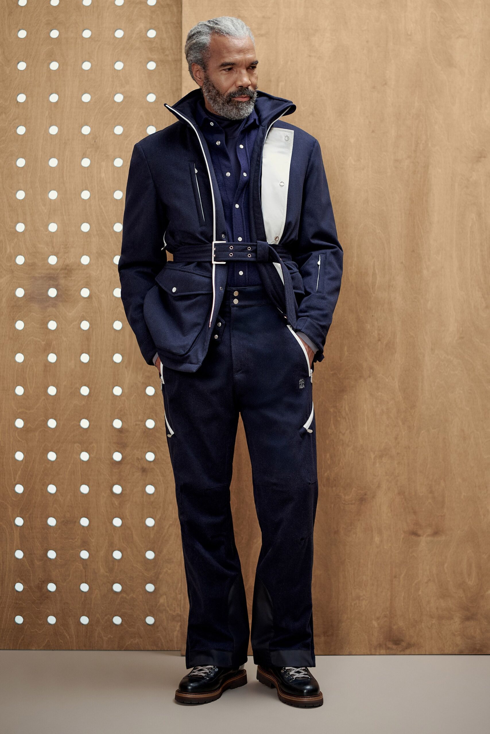 blue cotton long-sleeve collared structured zippered buttoned jacket
