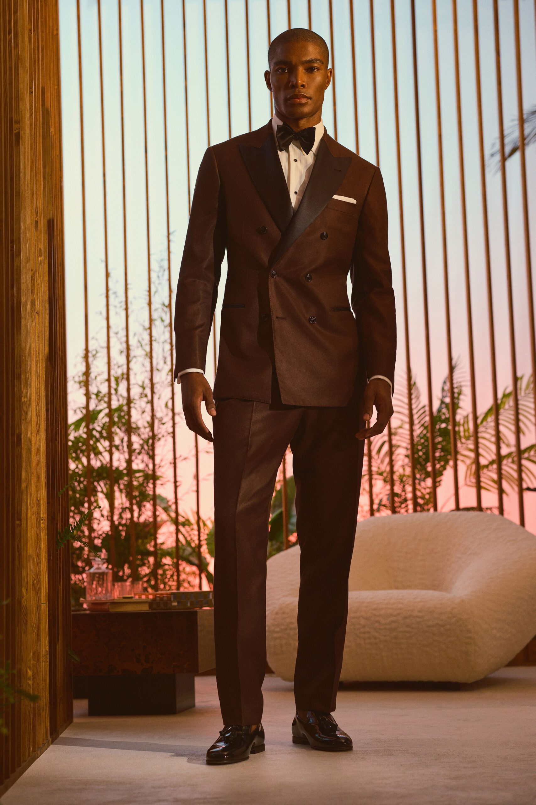 brown silk long-sleeve collared tailored suit