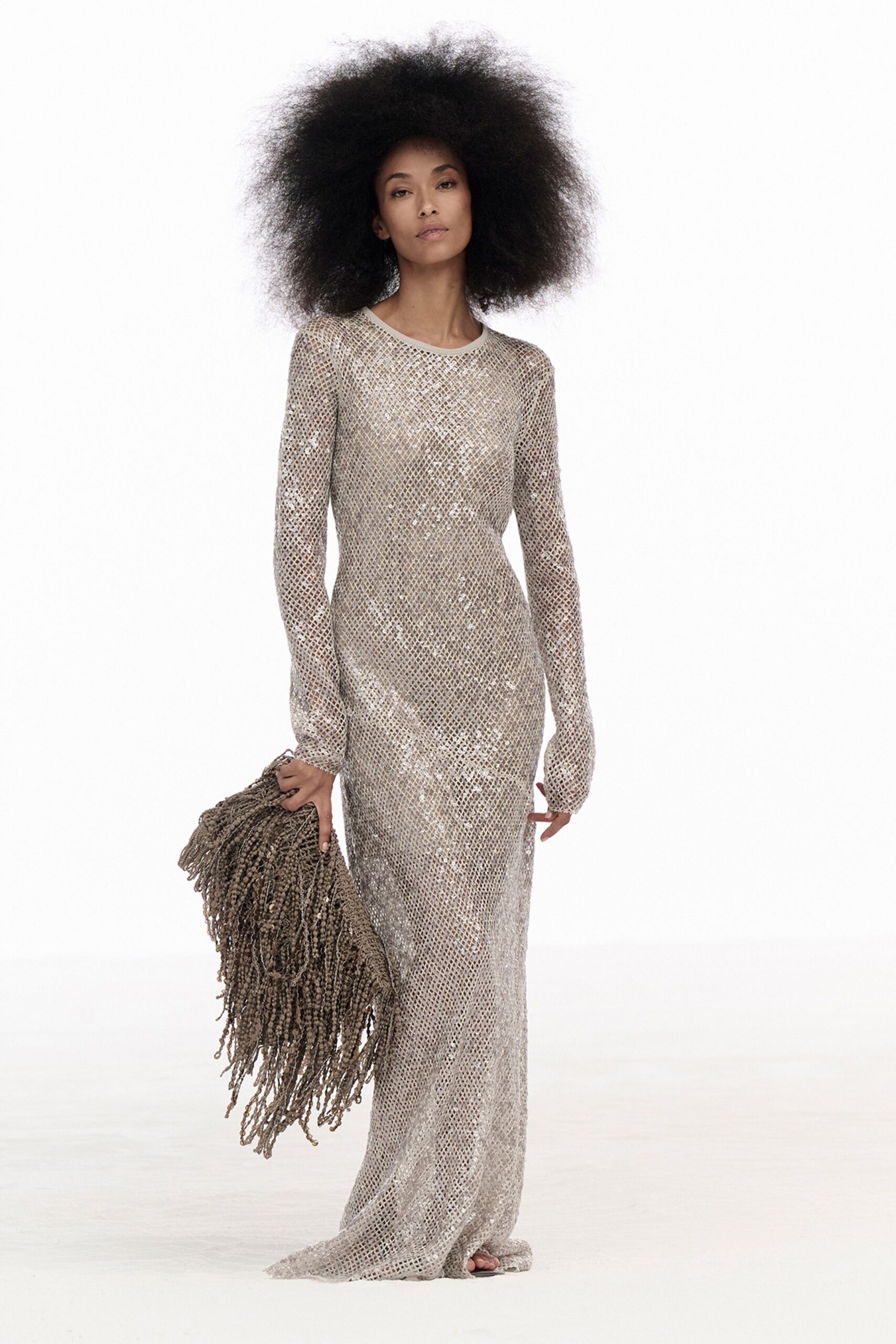 gold sequin long-sleeve collared fitted embellished shiny gown