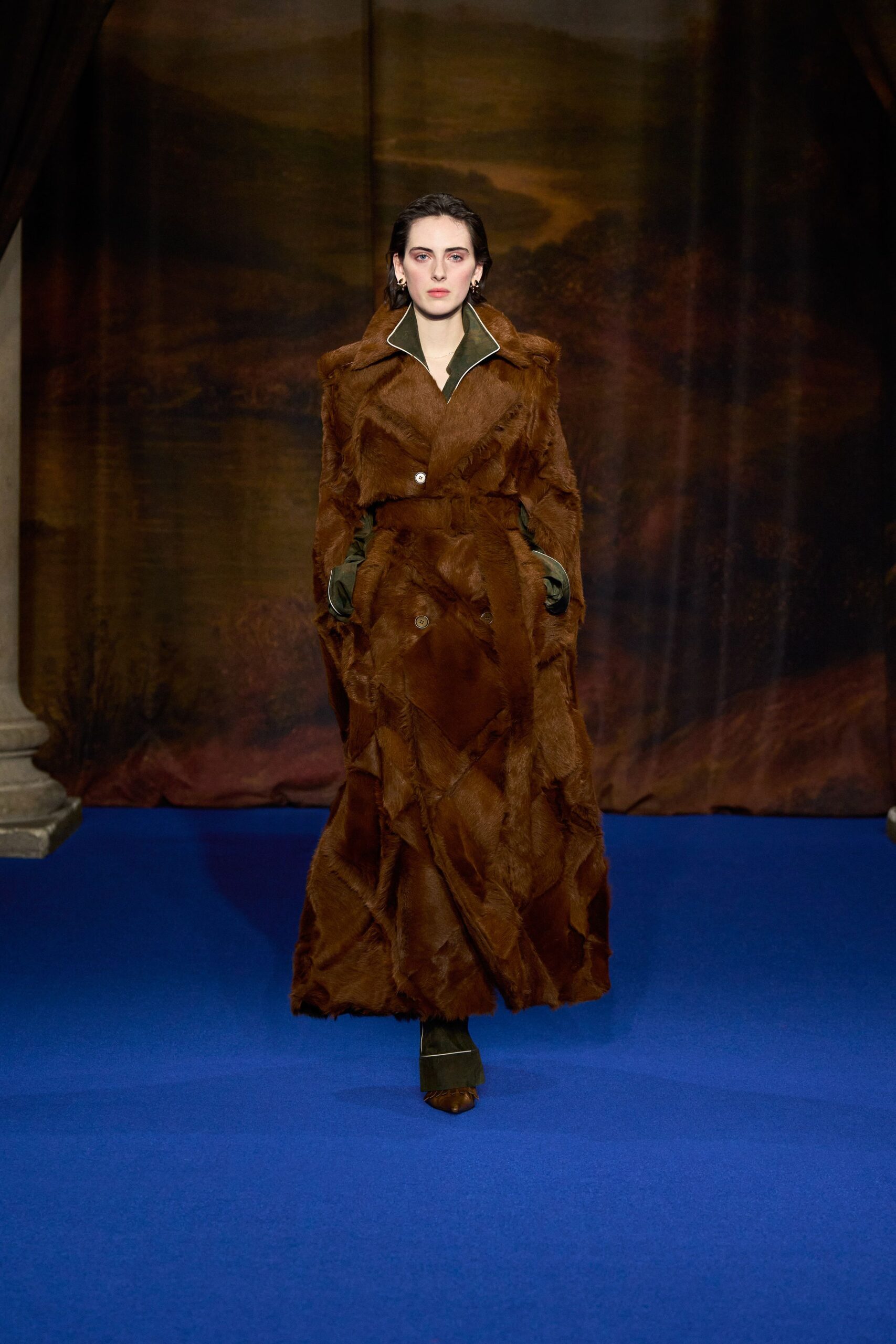 brown fur long-sleeve collared fitted draped maxi coat