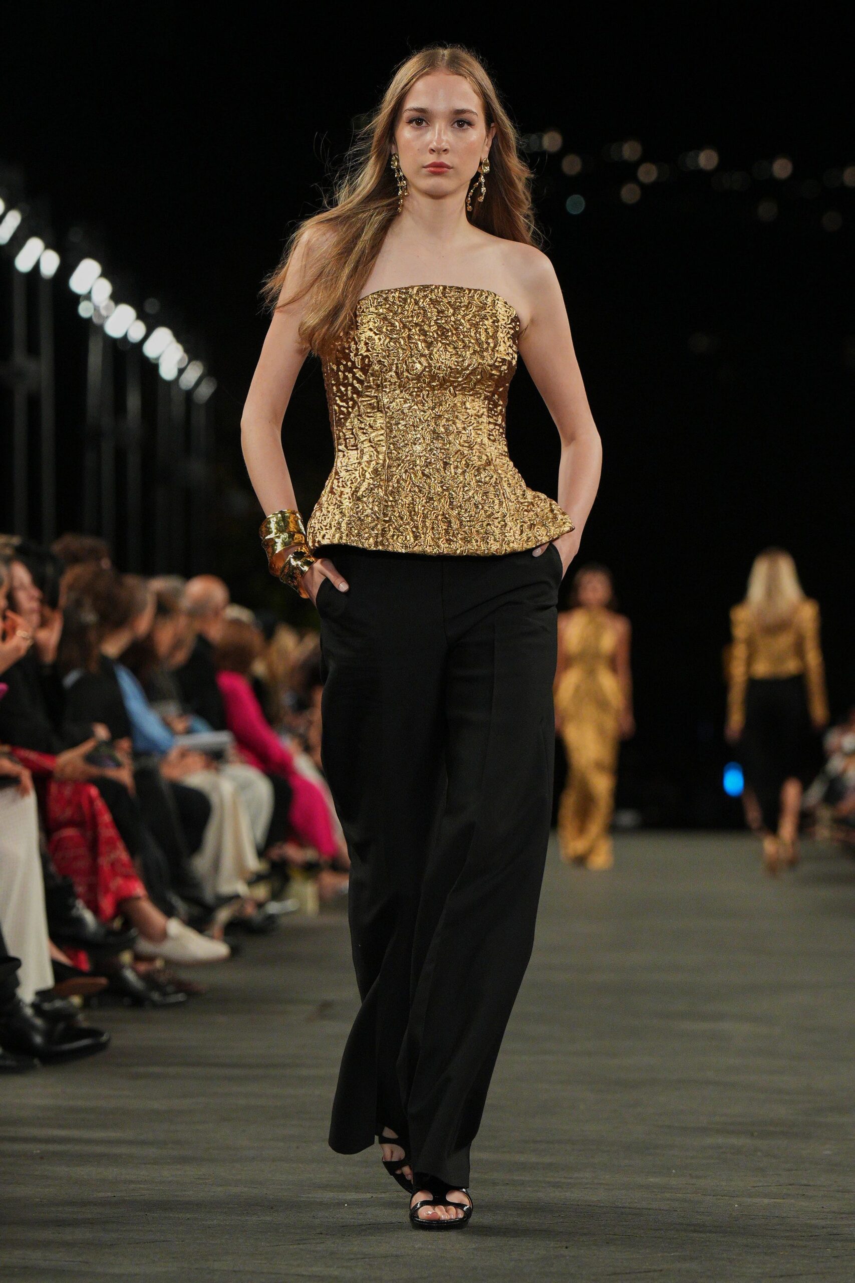 gold strapless top black pants
