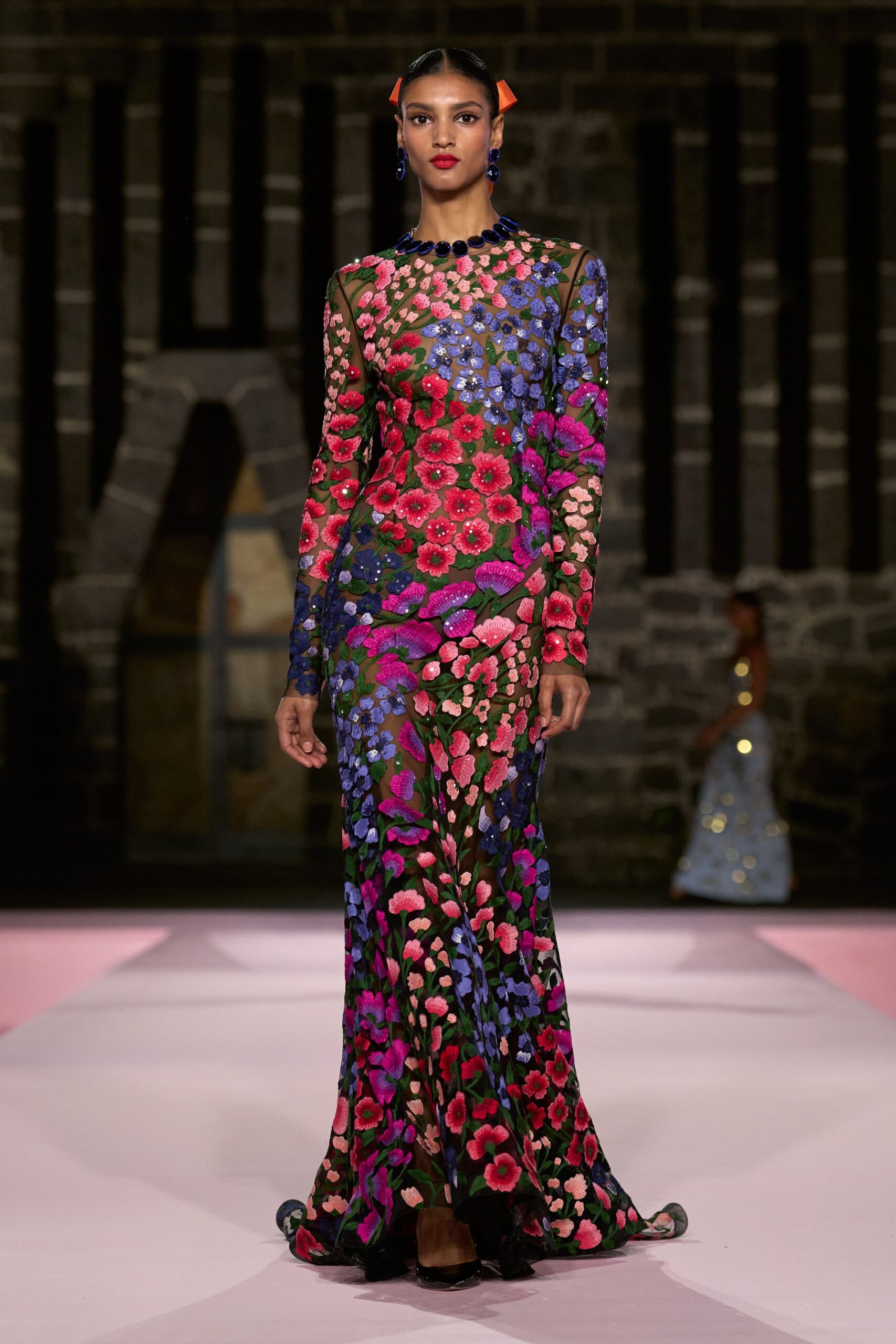 floral embroidered black gown