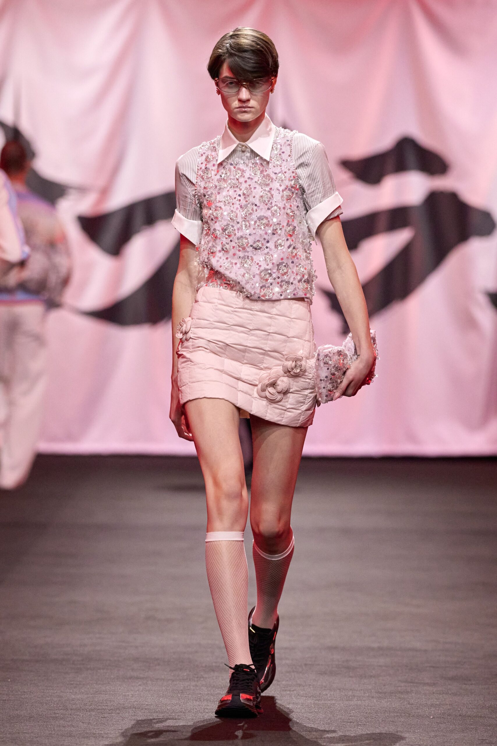 pink embroidered top with mini skirt