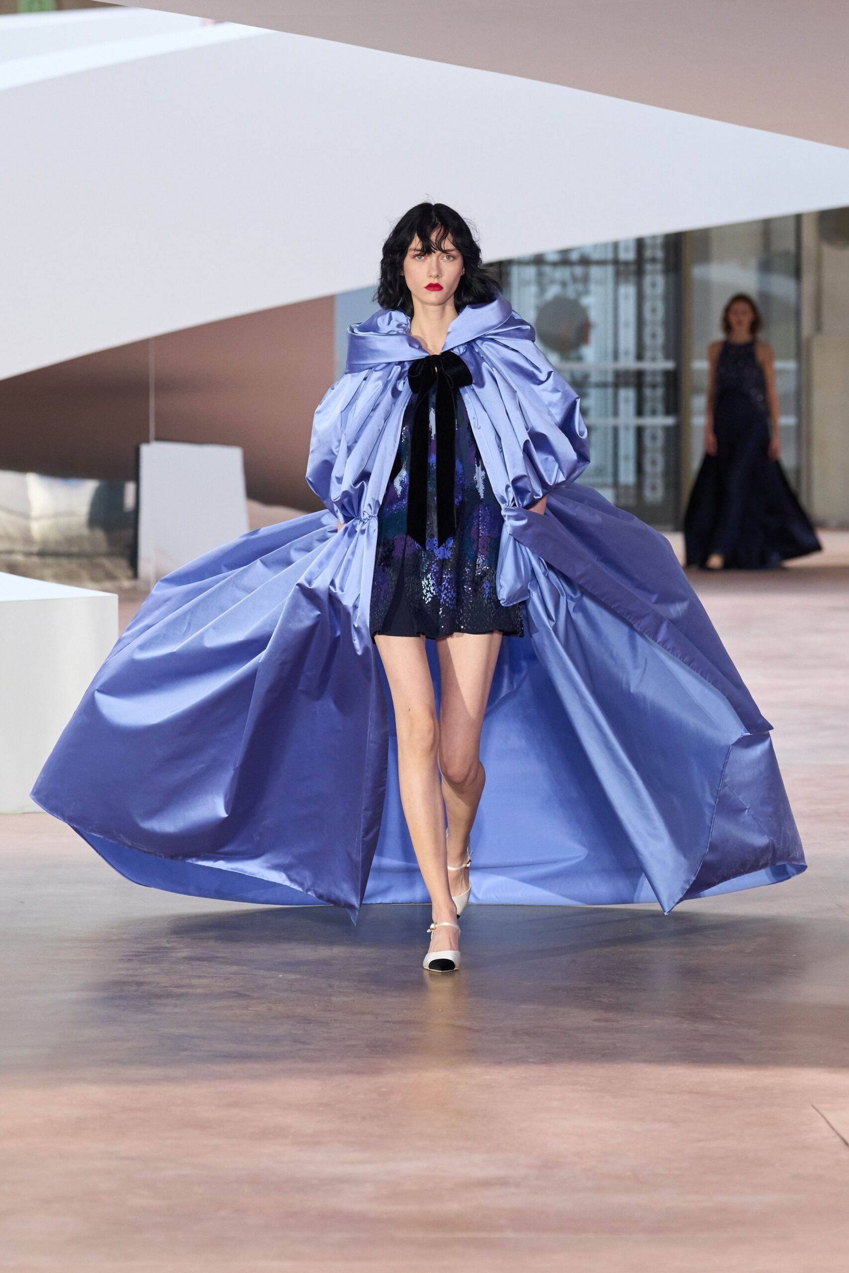 blue silk oversized draped flowing cape