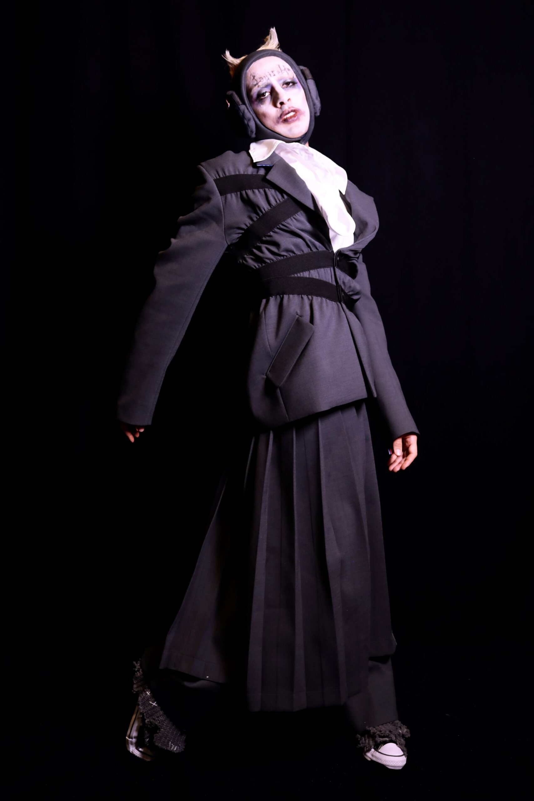 gray wool fitted pleated maxi skirt