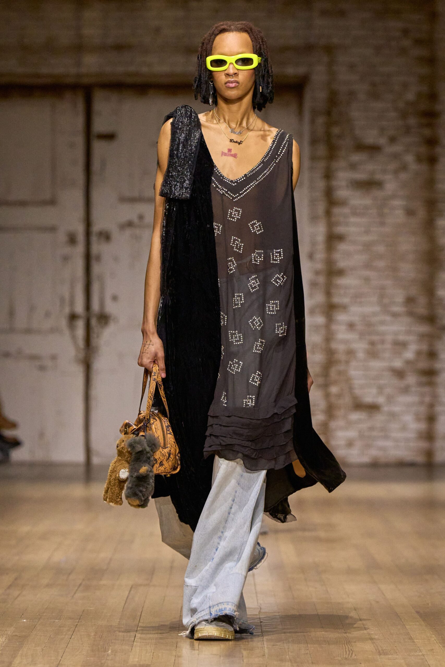black silk sleeveless v-neck relaxed embroidered layered dress