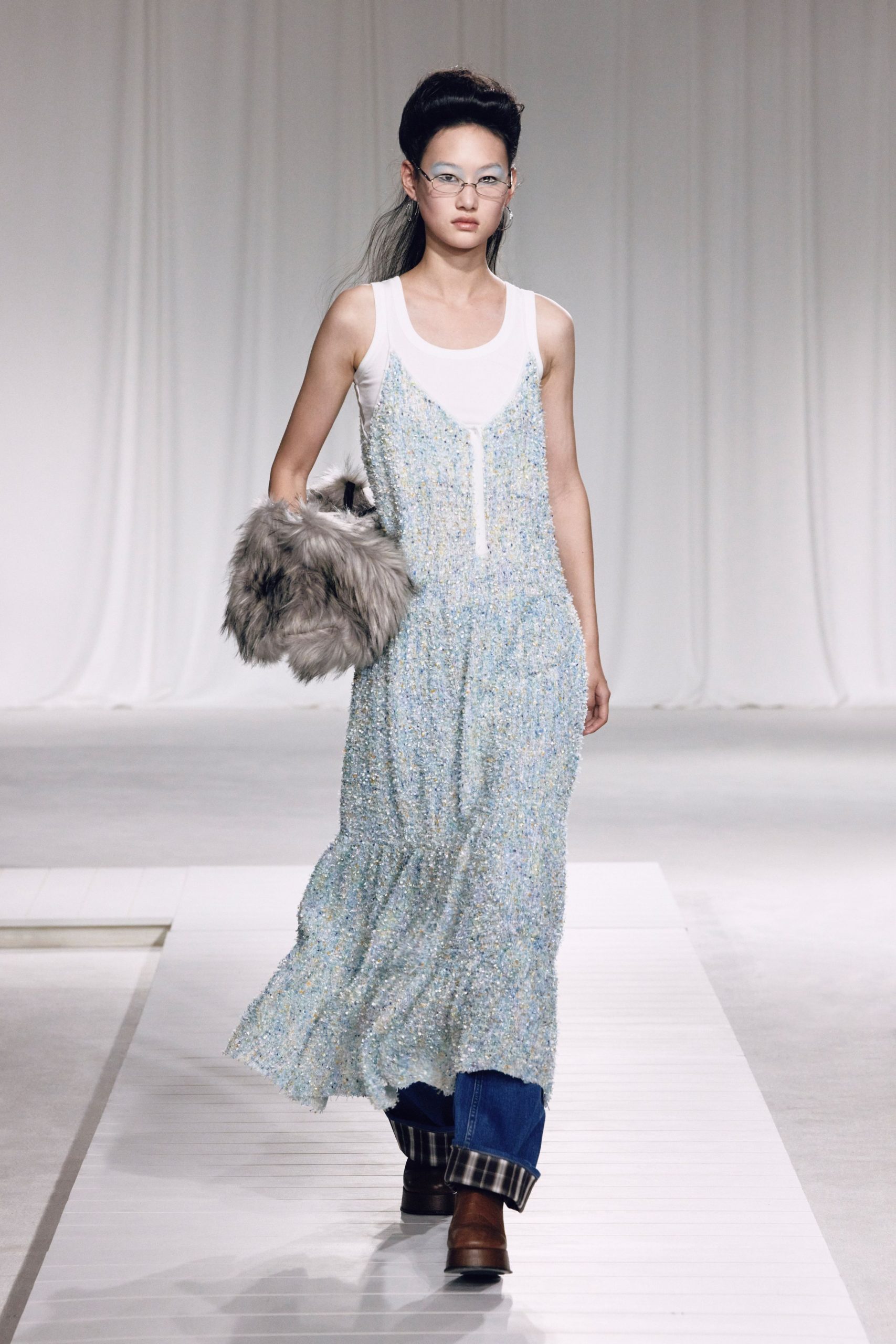 blue tiered maxi dress with denim pants