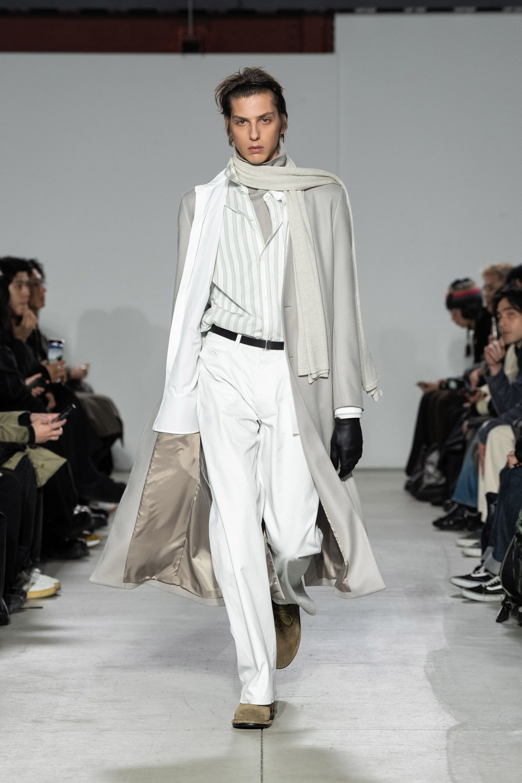 gray wool coat with white shirt