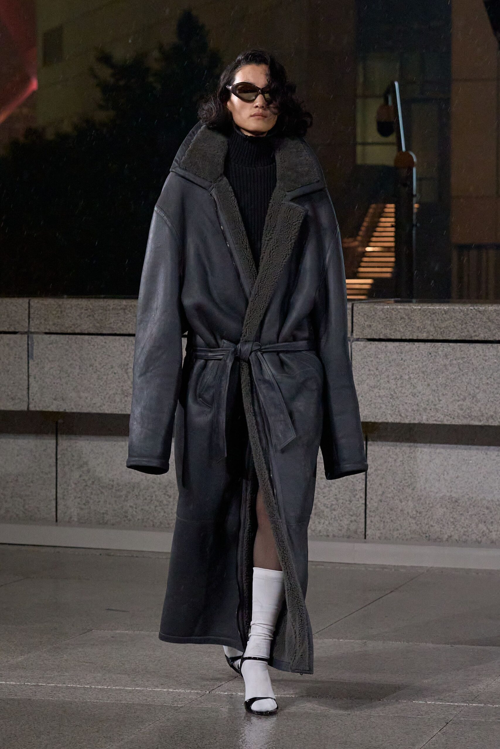 black leather long-sleeve collared oversized belted coat