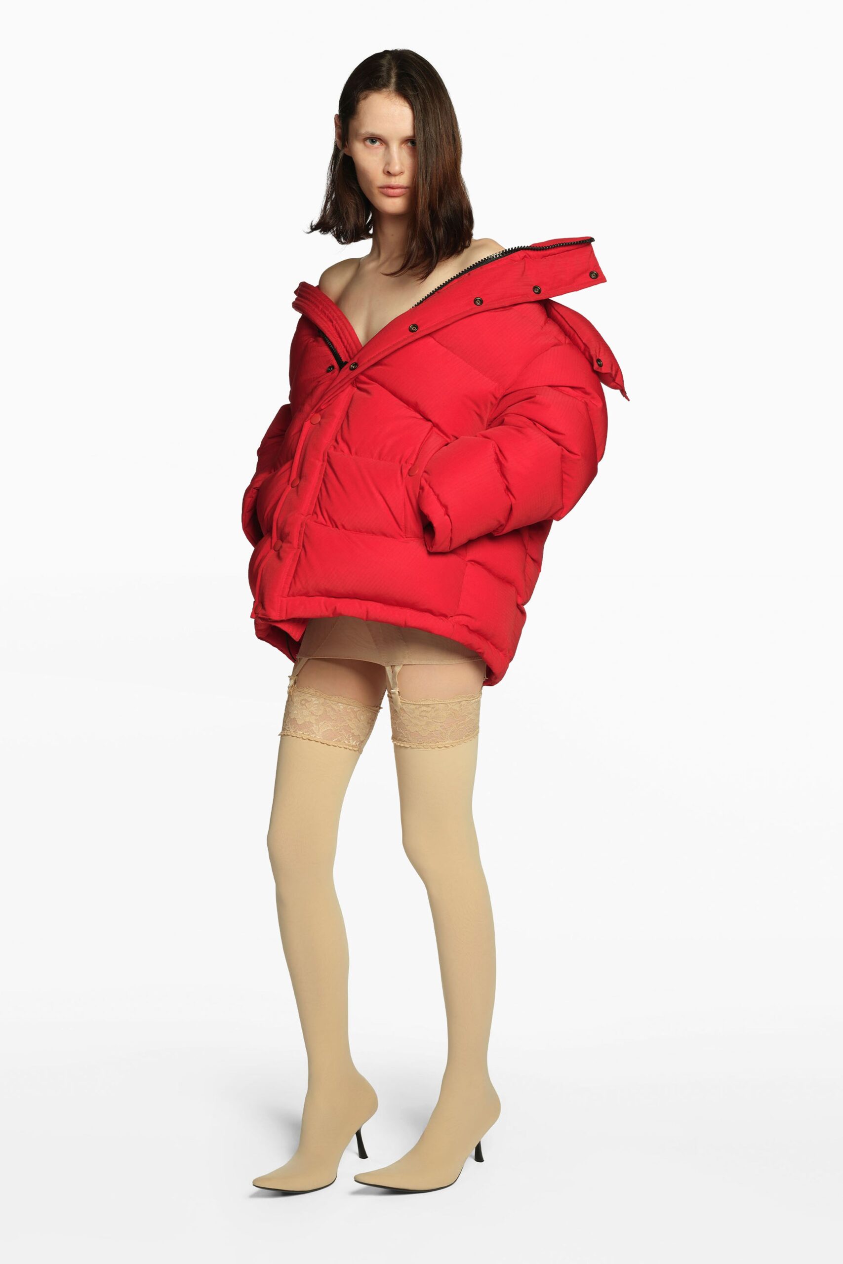 red cotton long-sleeve high-neck oversized padded quilted jacket