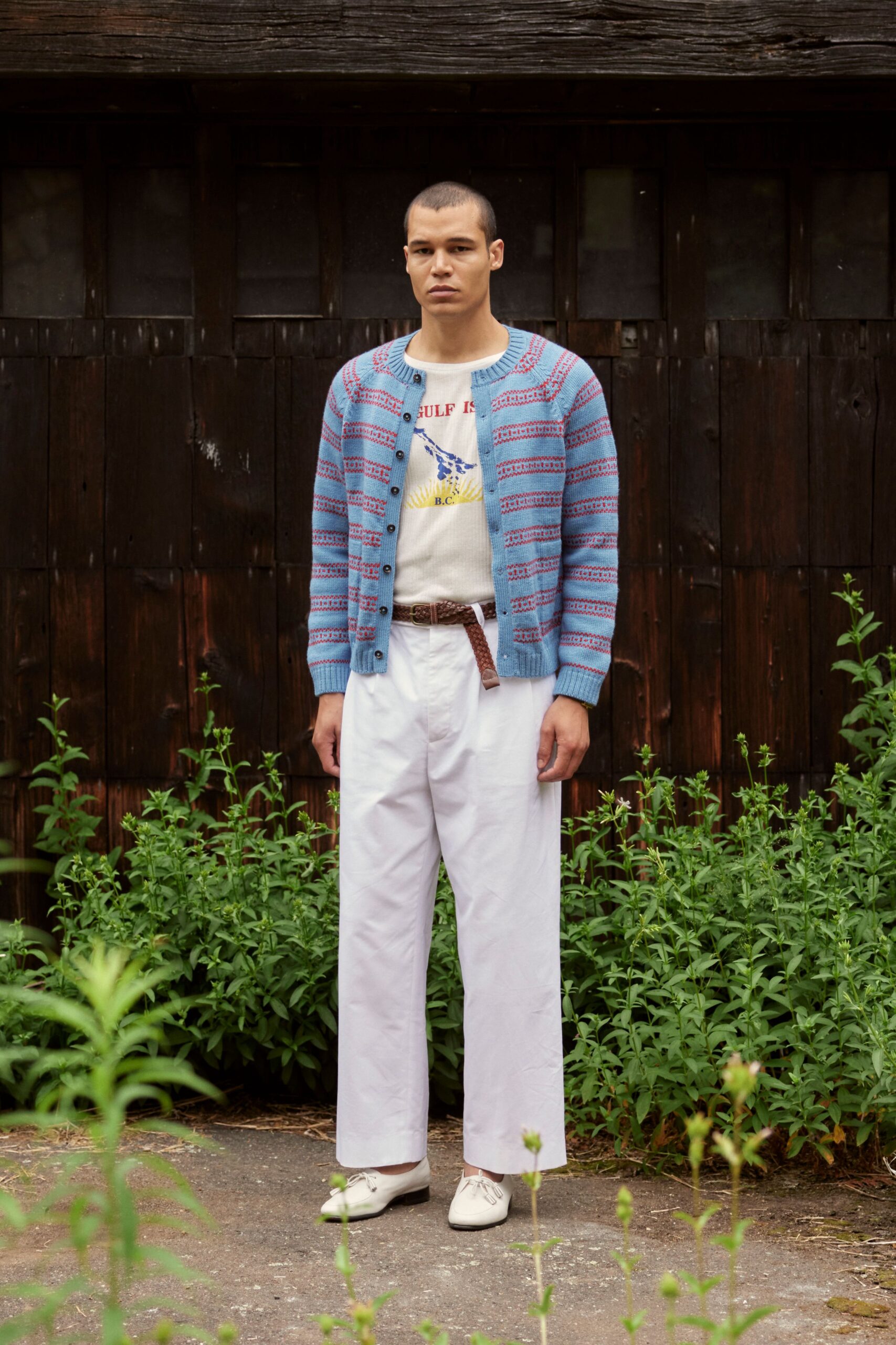 blue cotton long-sleeve collared relaxed striped cardigan