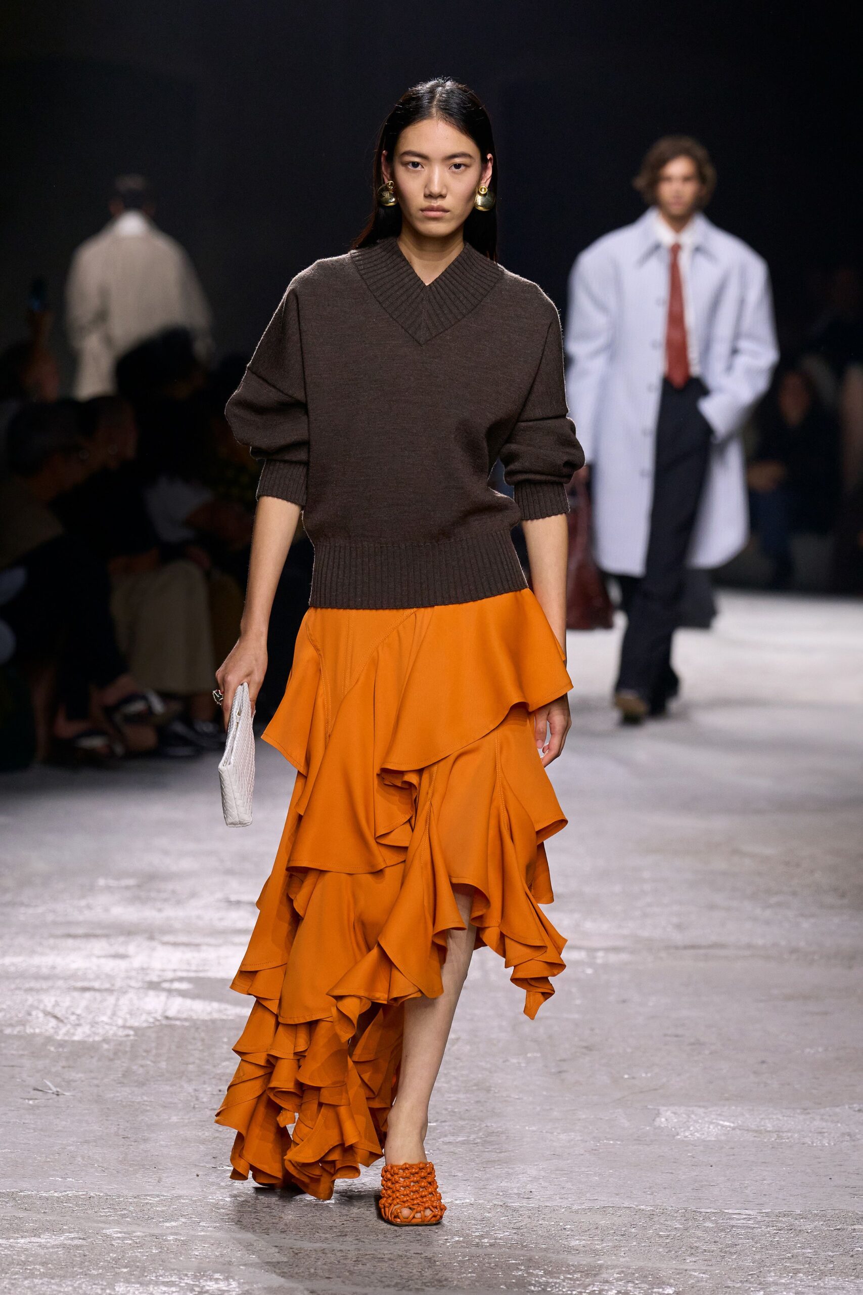 orange silk relaxed tiered ruffled midi skirt