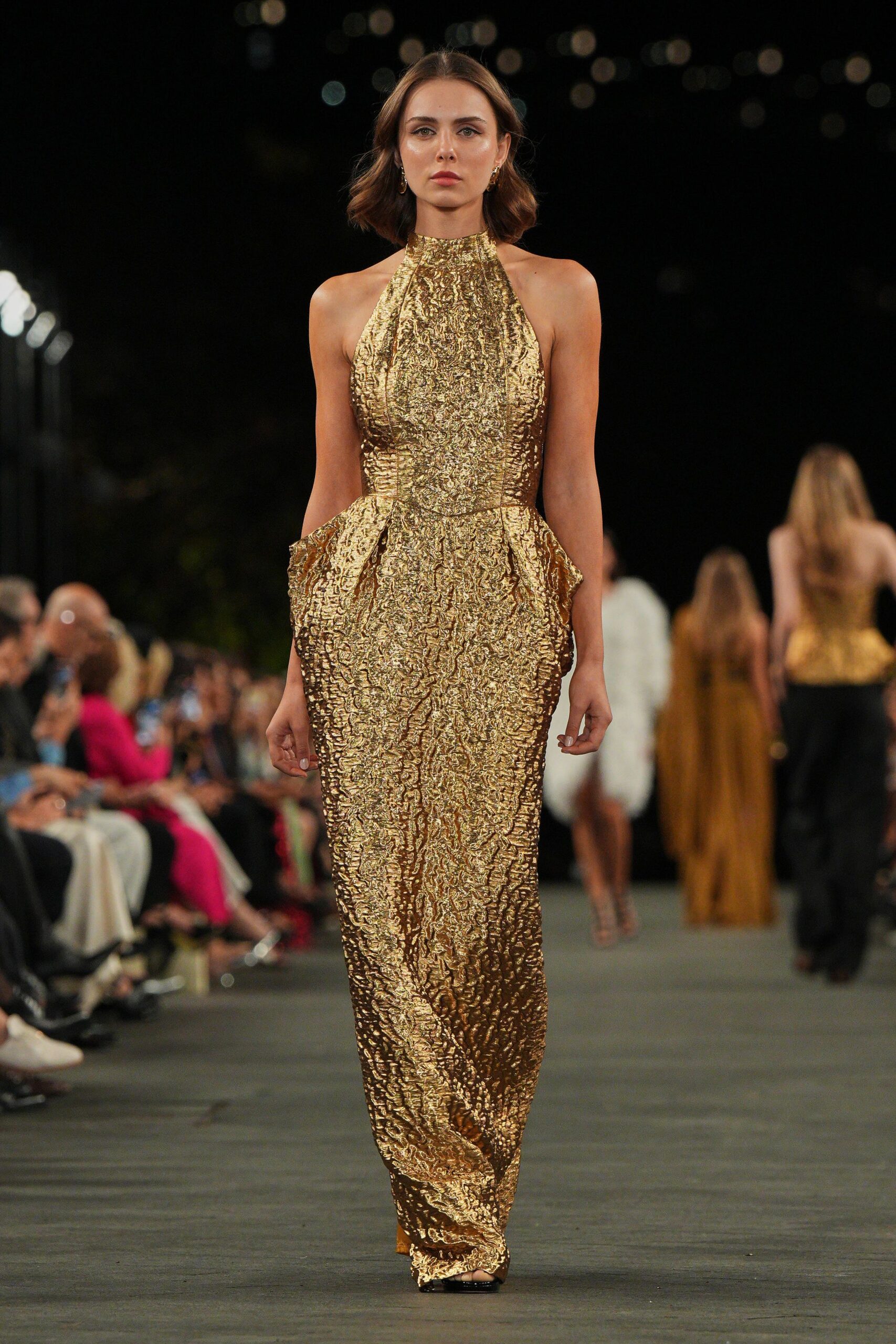 gold metallic halter gown