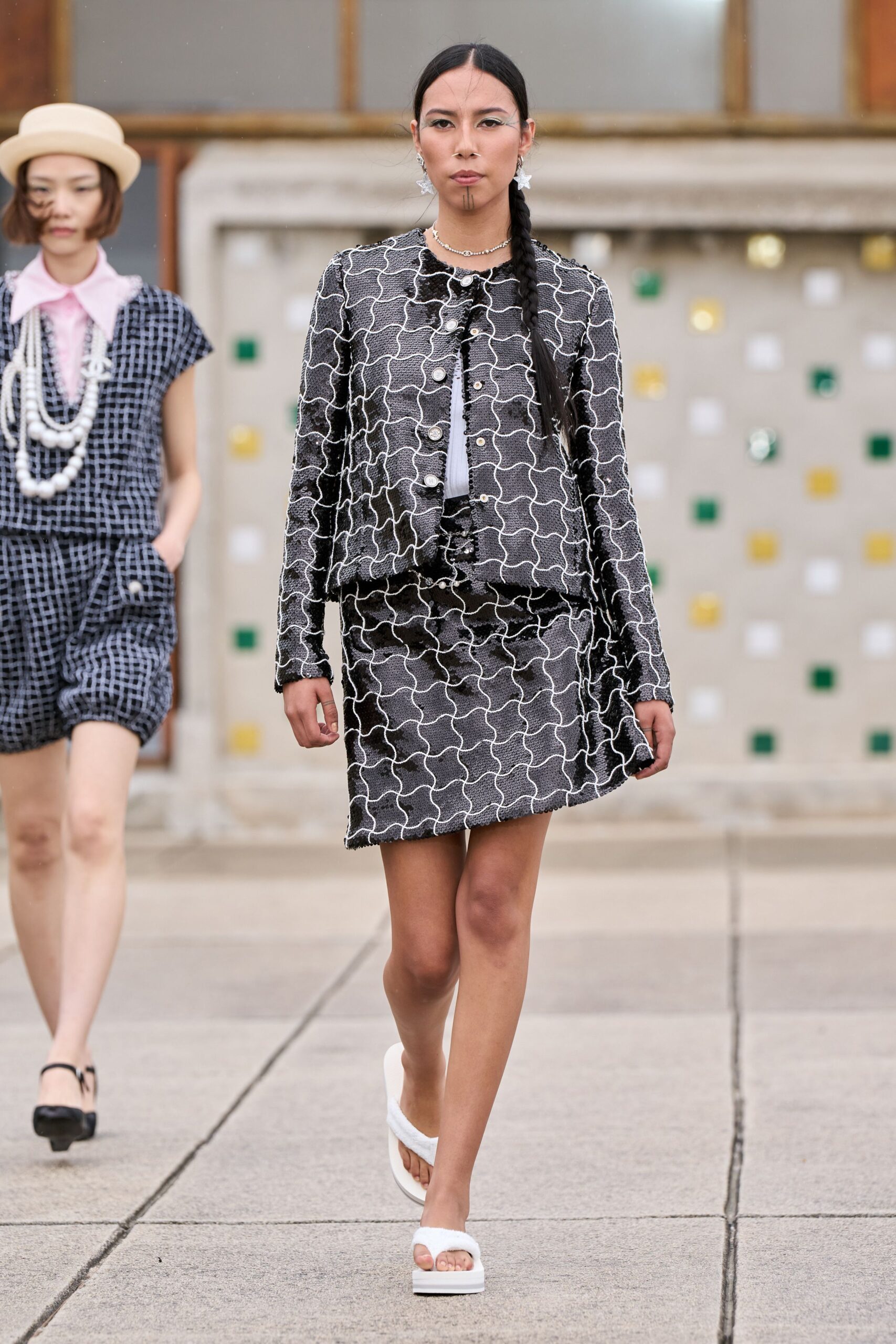 black and white fitted jacket and skirt