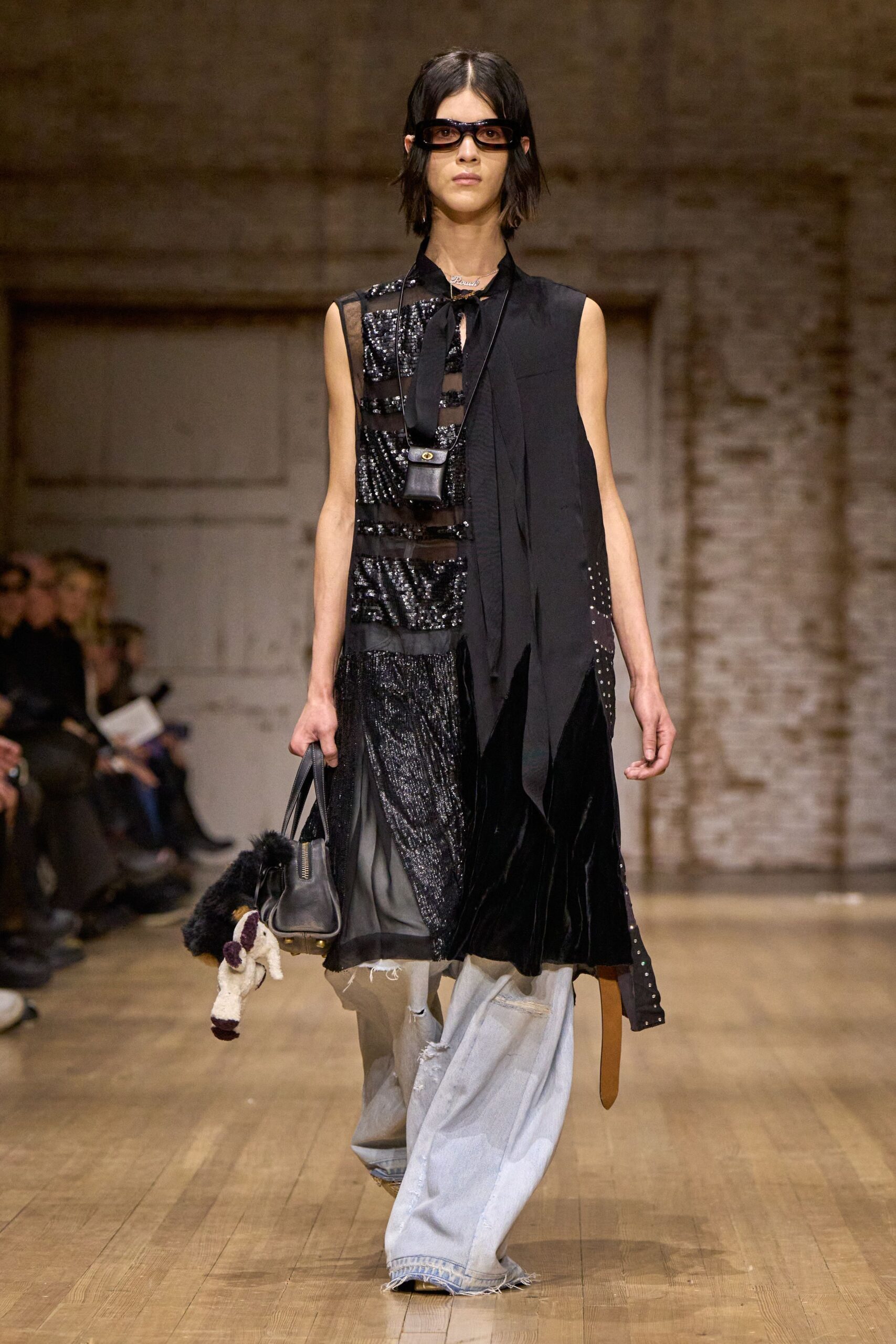 black layered midi dress with denim pants