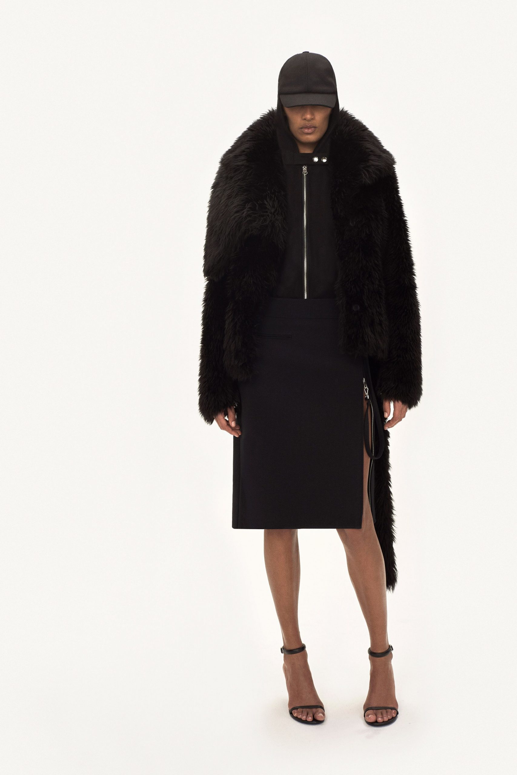 black faux-fur coat with fitted top