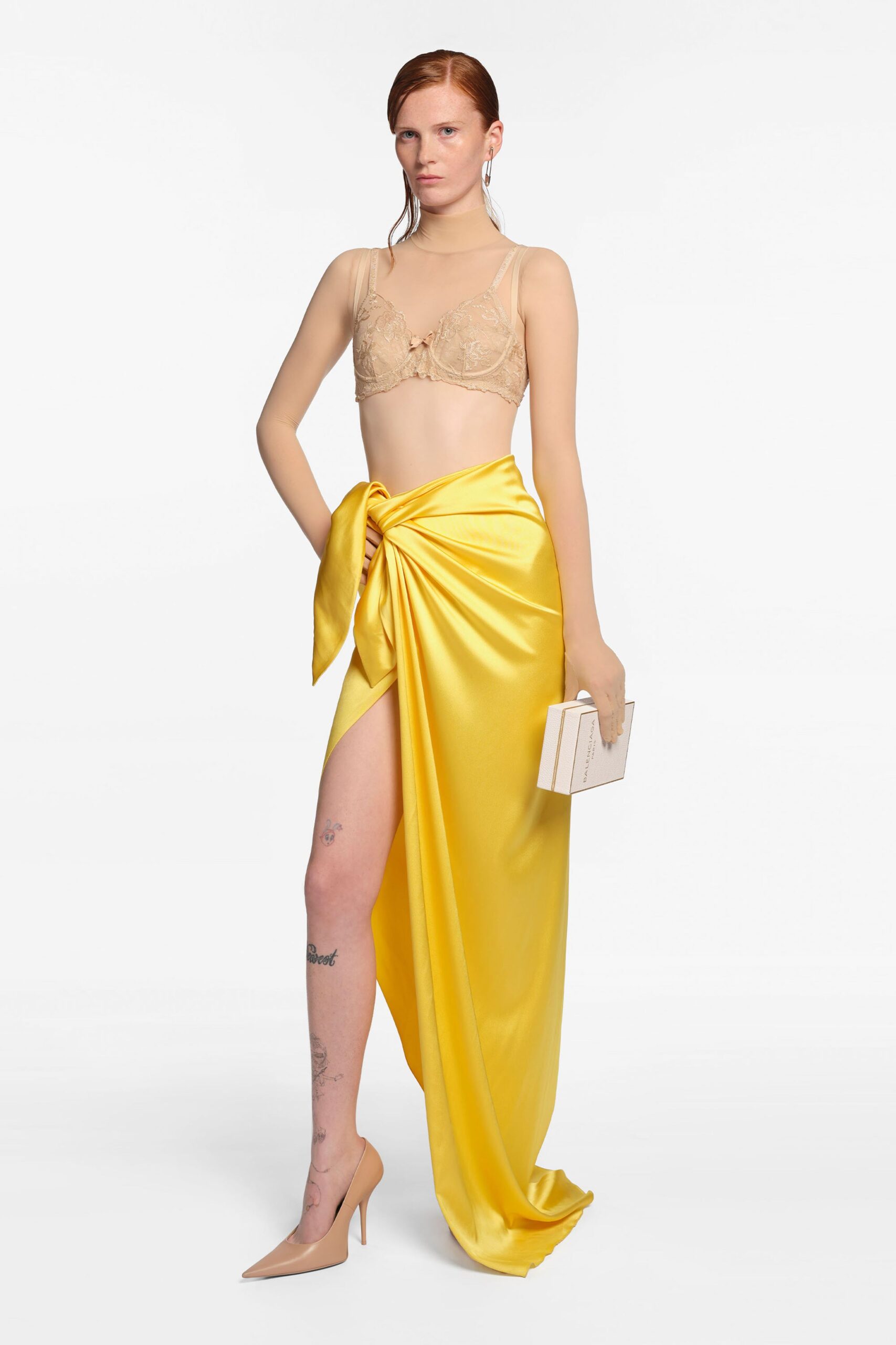 yellow satin wrap high-neck structured draped ruched skirt