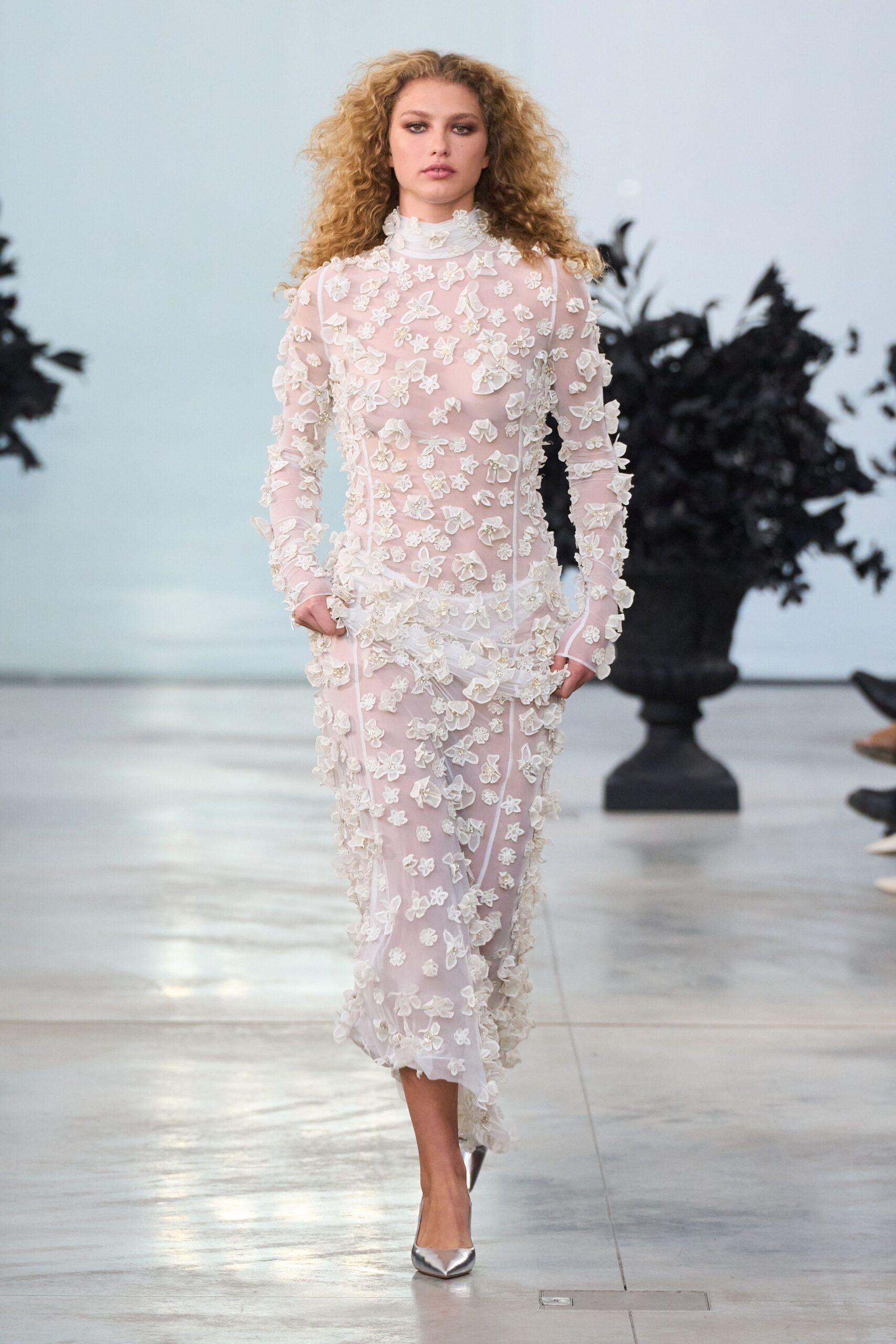 white silk long-sleeve high-neck fitted embroidered tiered dress