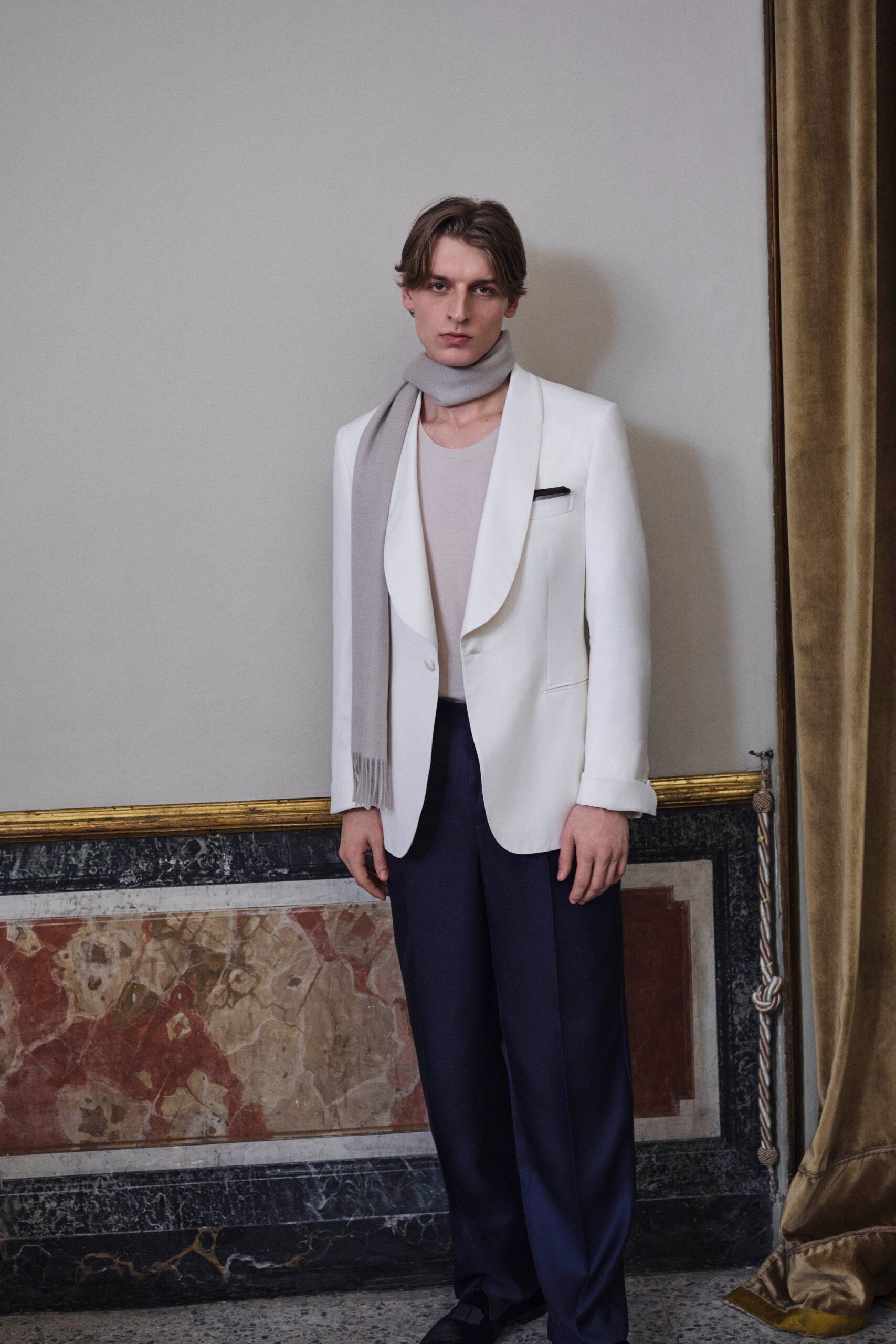 white tailored blazer with gray scarf