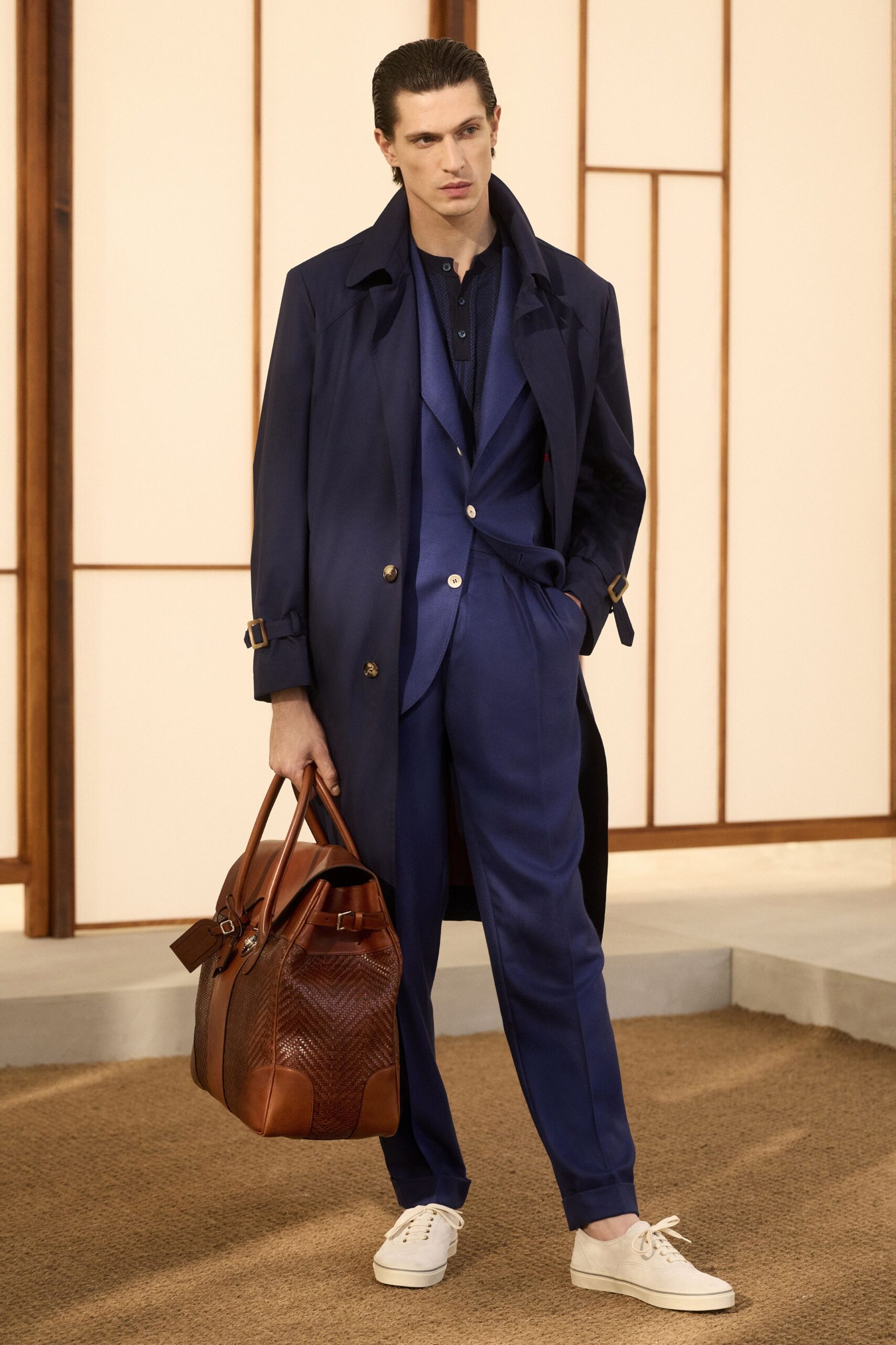 blue cotton long-sleeve collared longline buttoned belted coat
