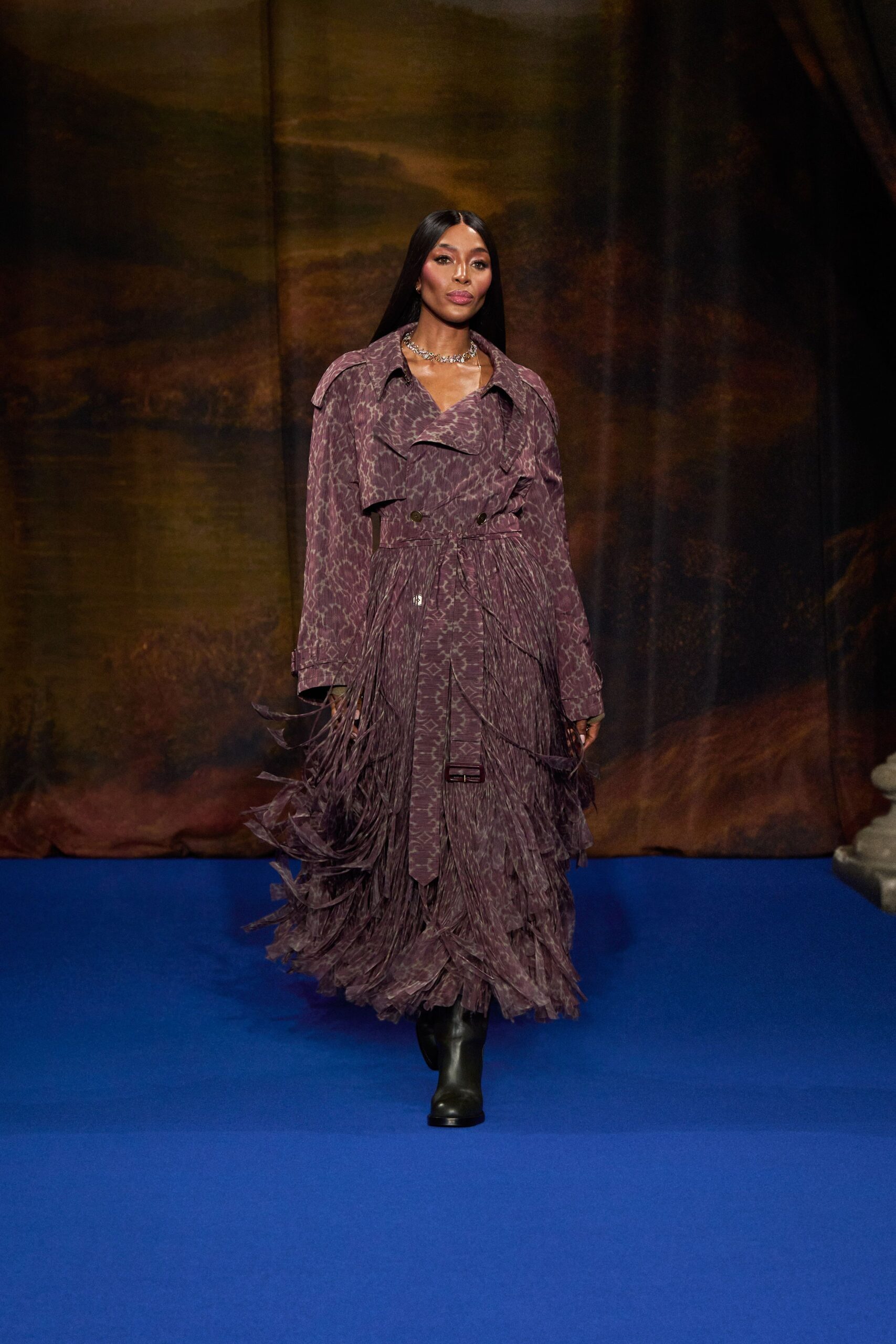 purple layered maxi dress with boots