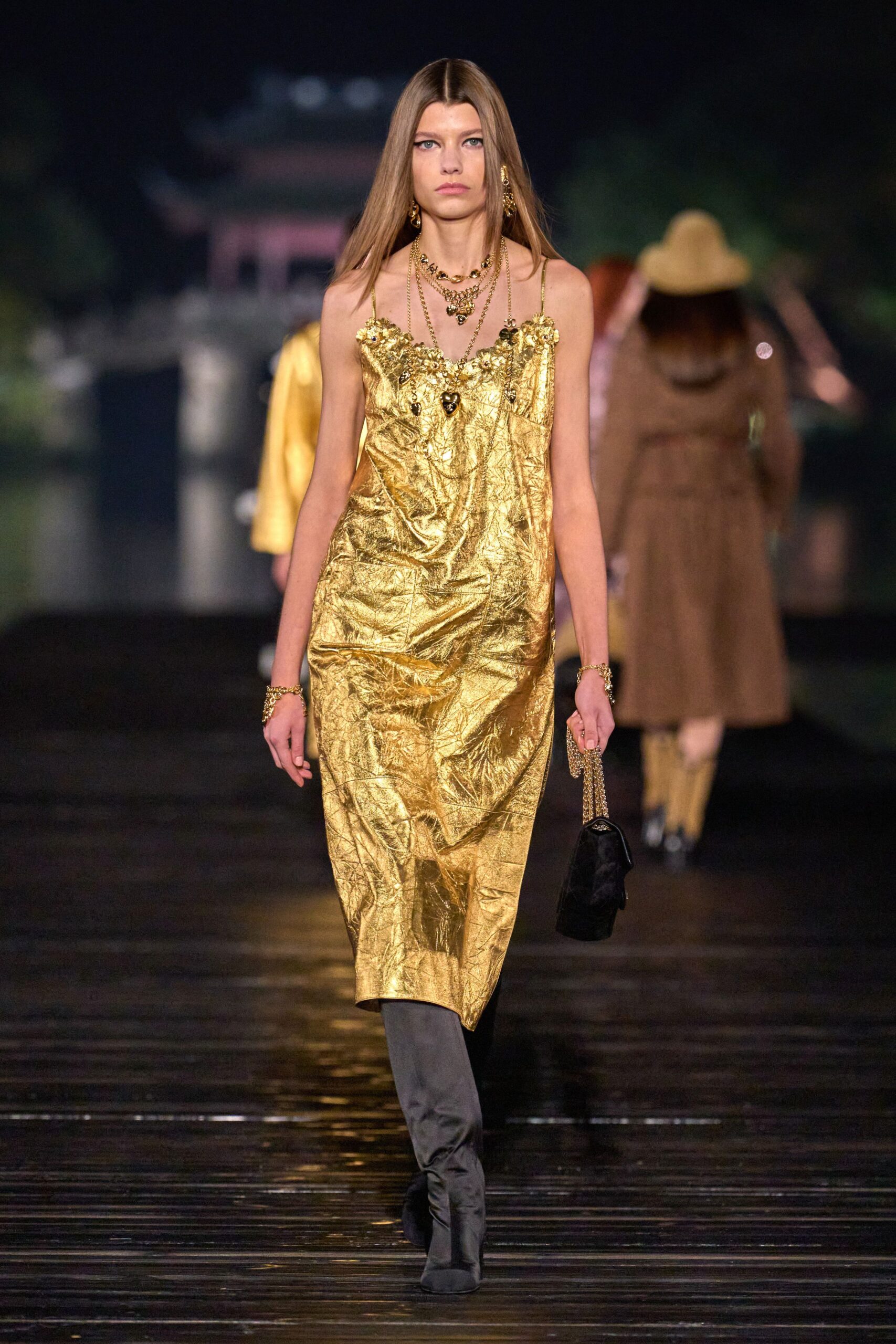 gold silk sleeveless midi dress