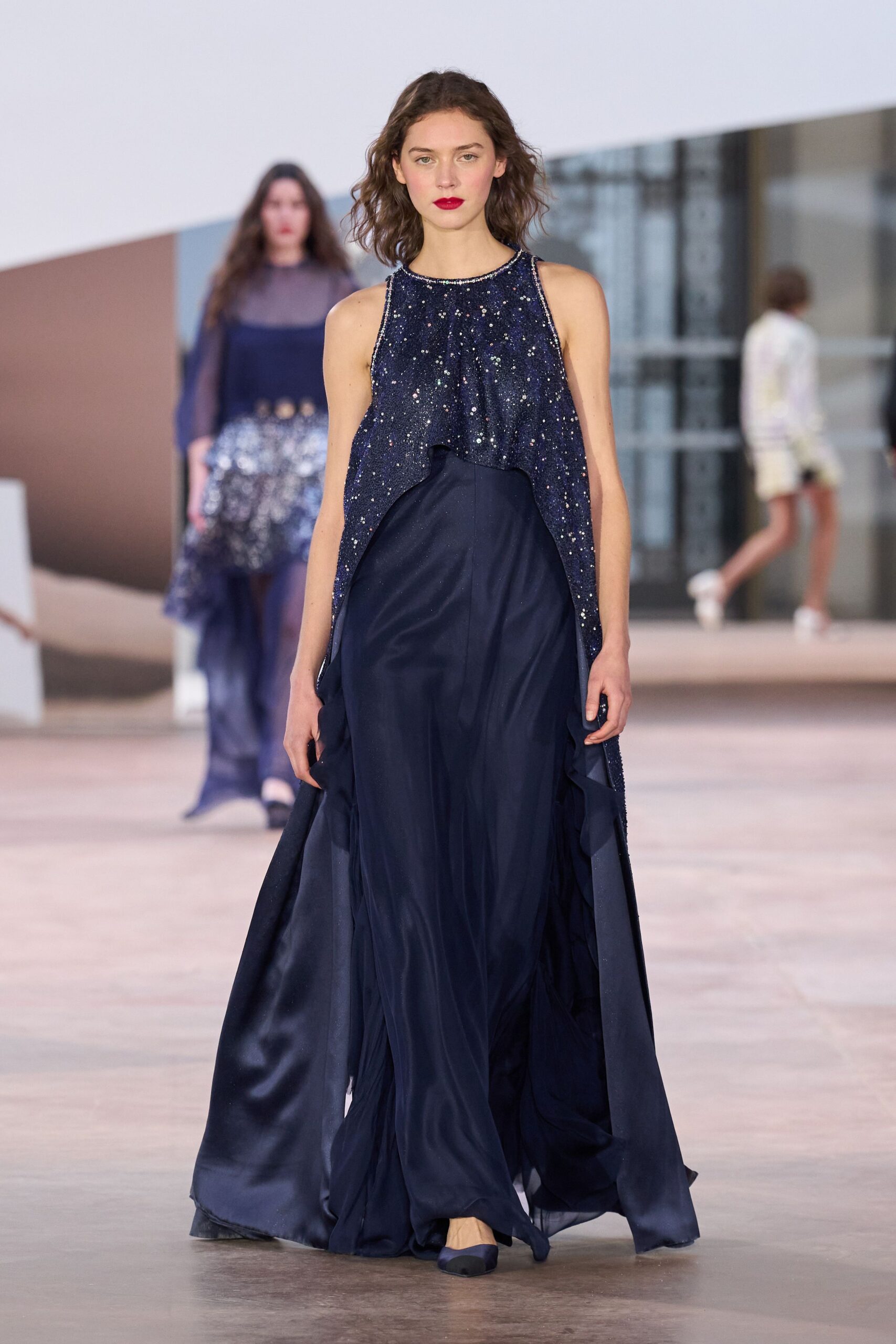 navy silk sleeveless gown