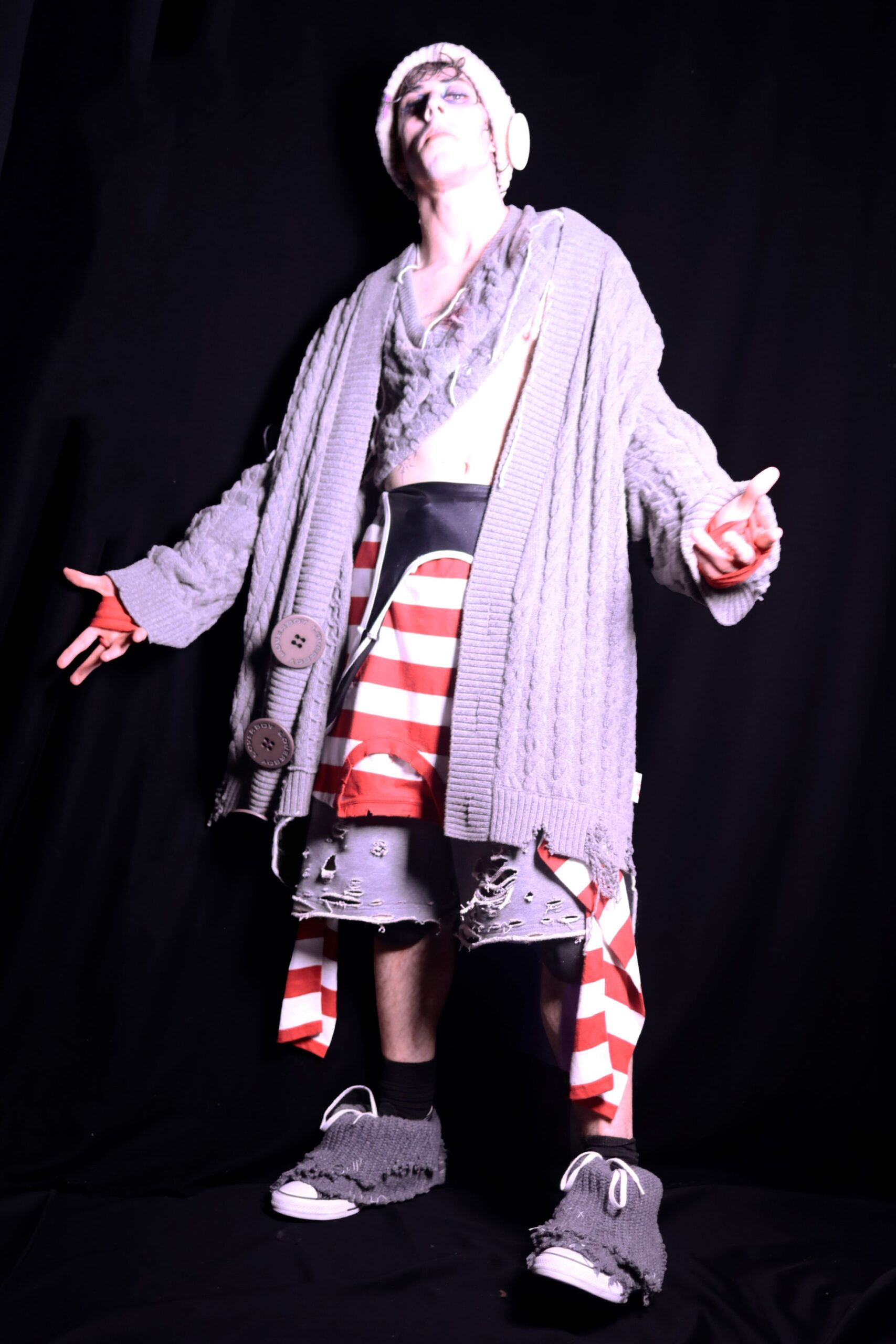 gray oversized cardigan with striped skirt