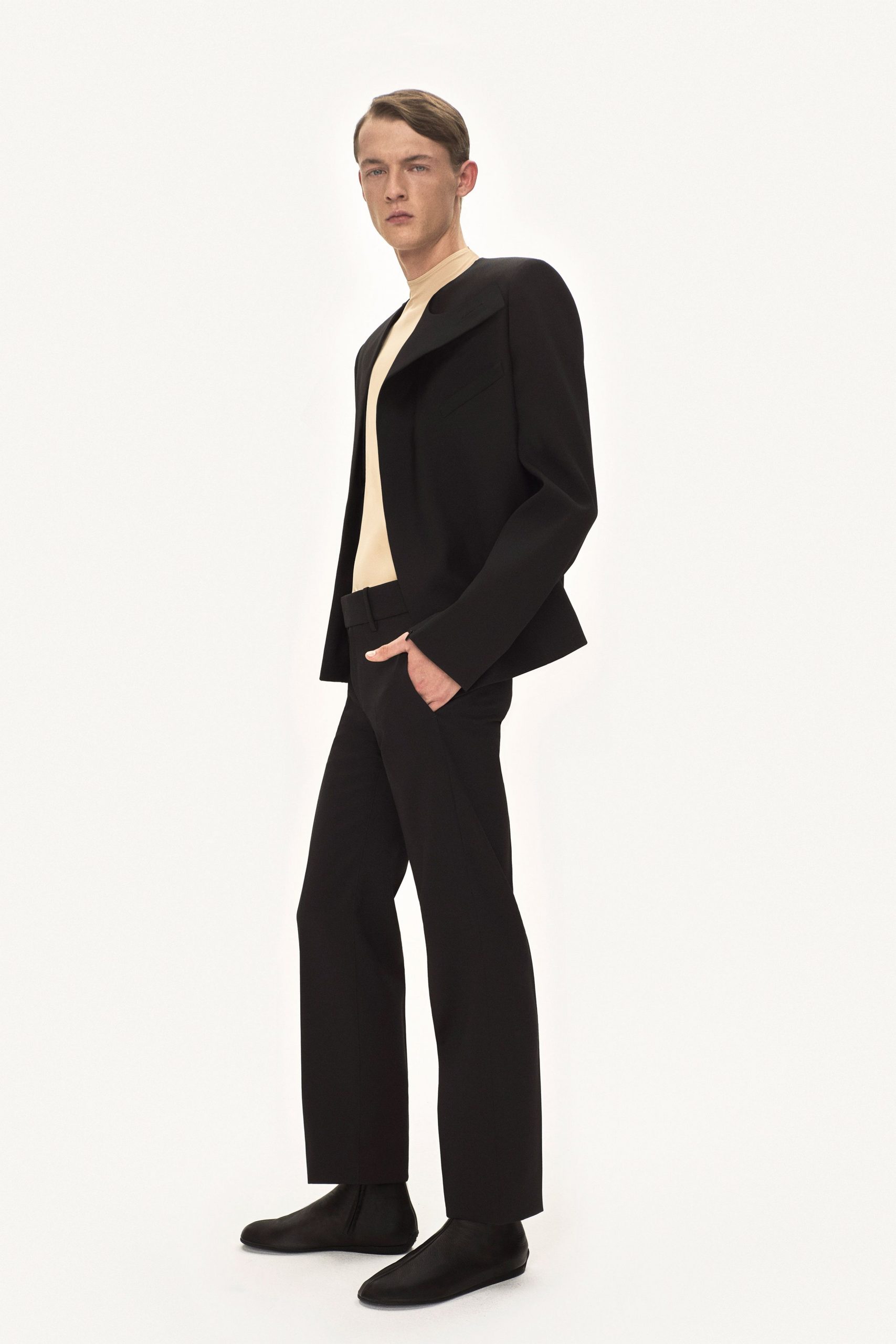 black blazer beige shirt tailored pants