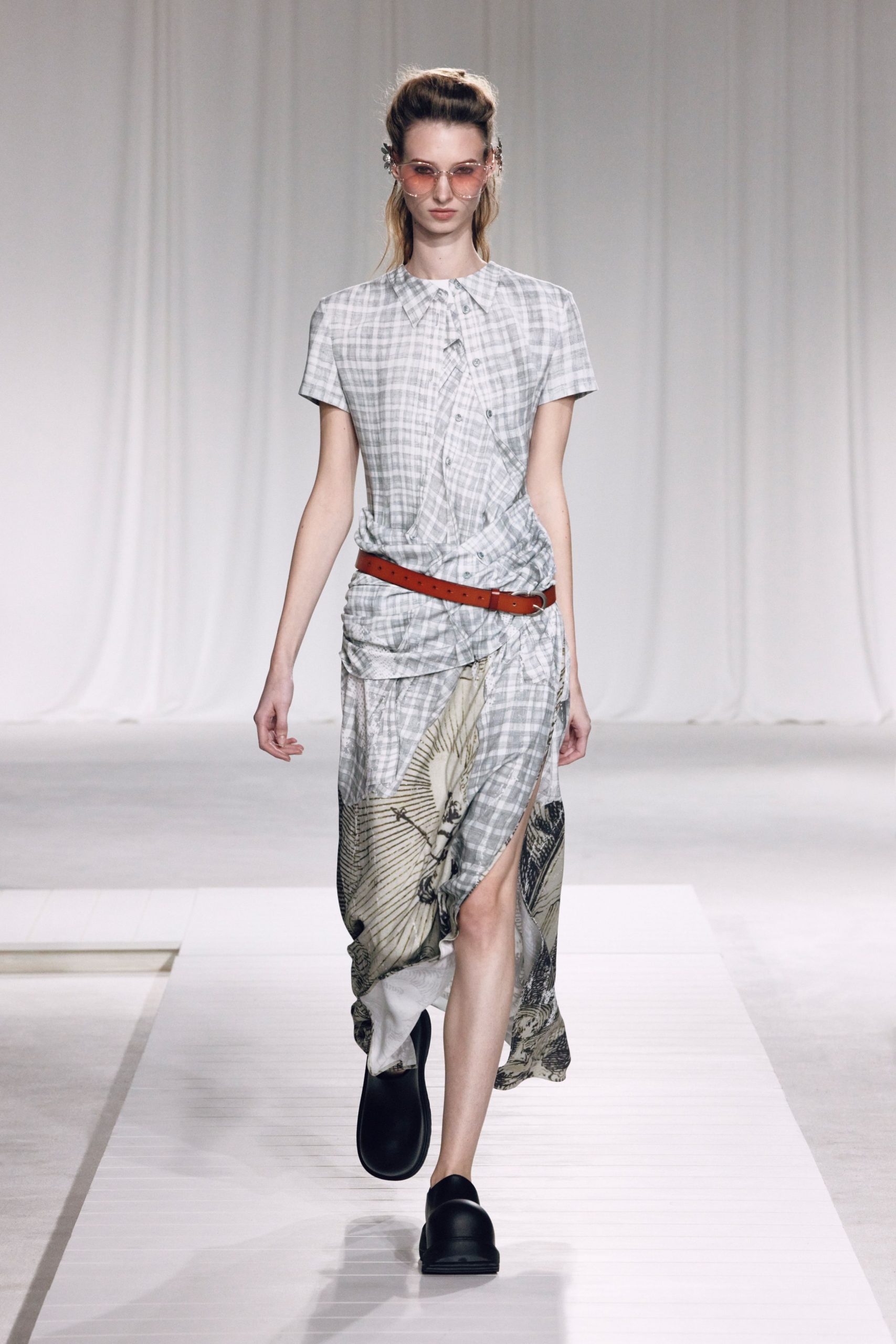 white cotton short-sleeve collared fitted checked layered dress
