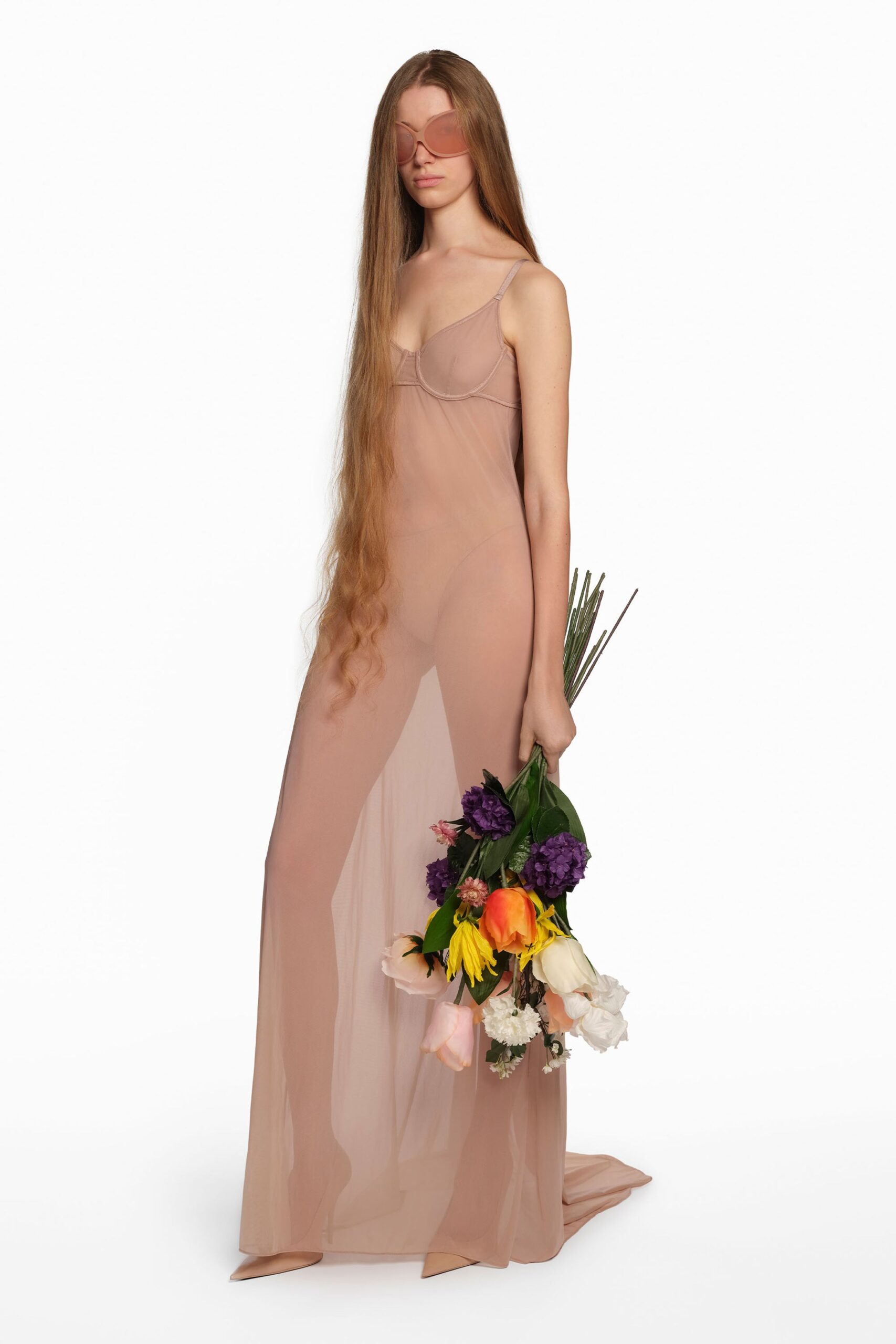 pink chiffon sleeveless v-neck fitted draped gown