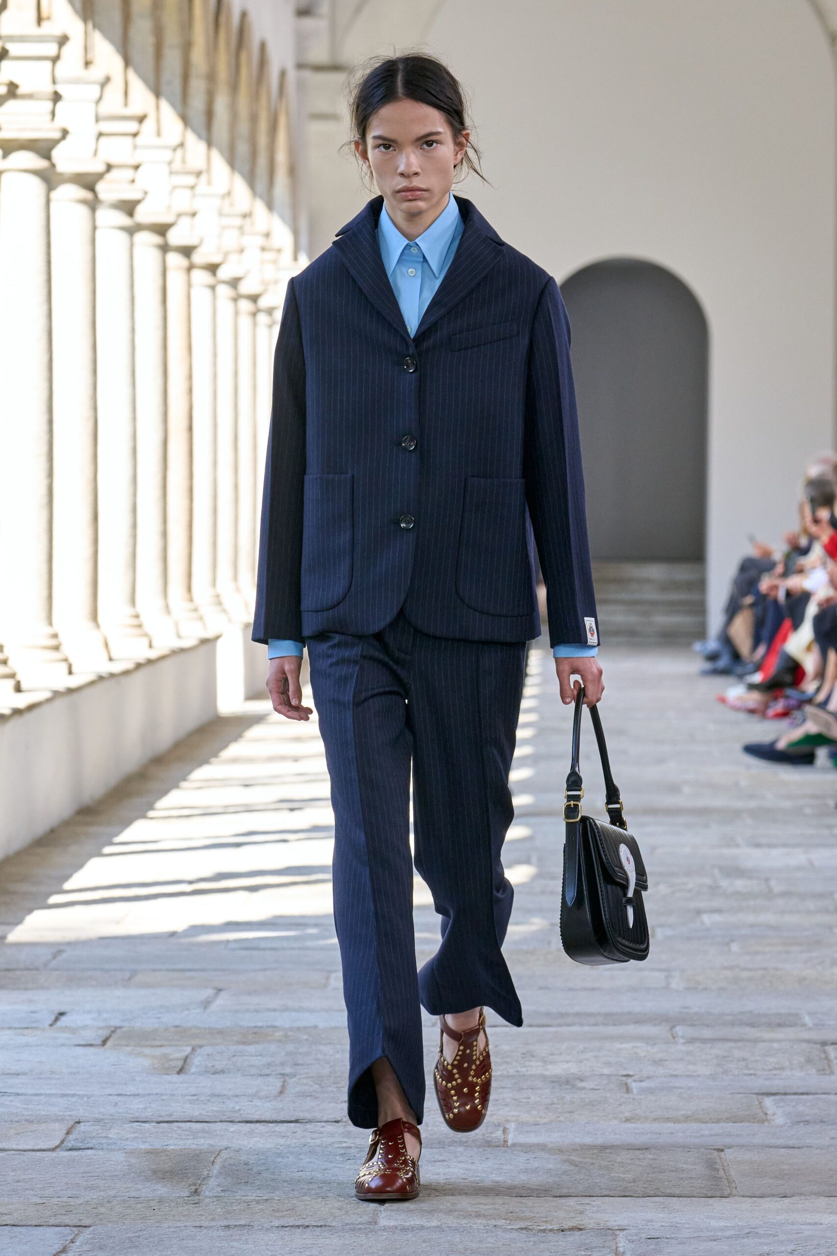 blue cotton long-sleeve collared tailored striped buttoned blazer