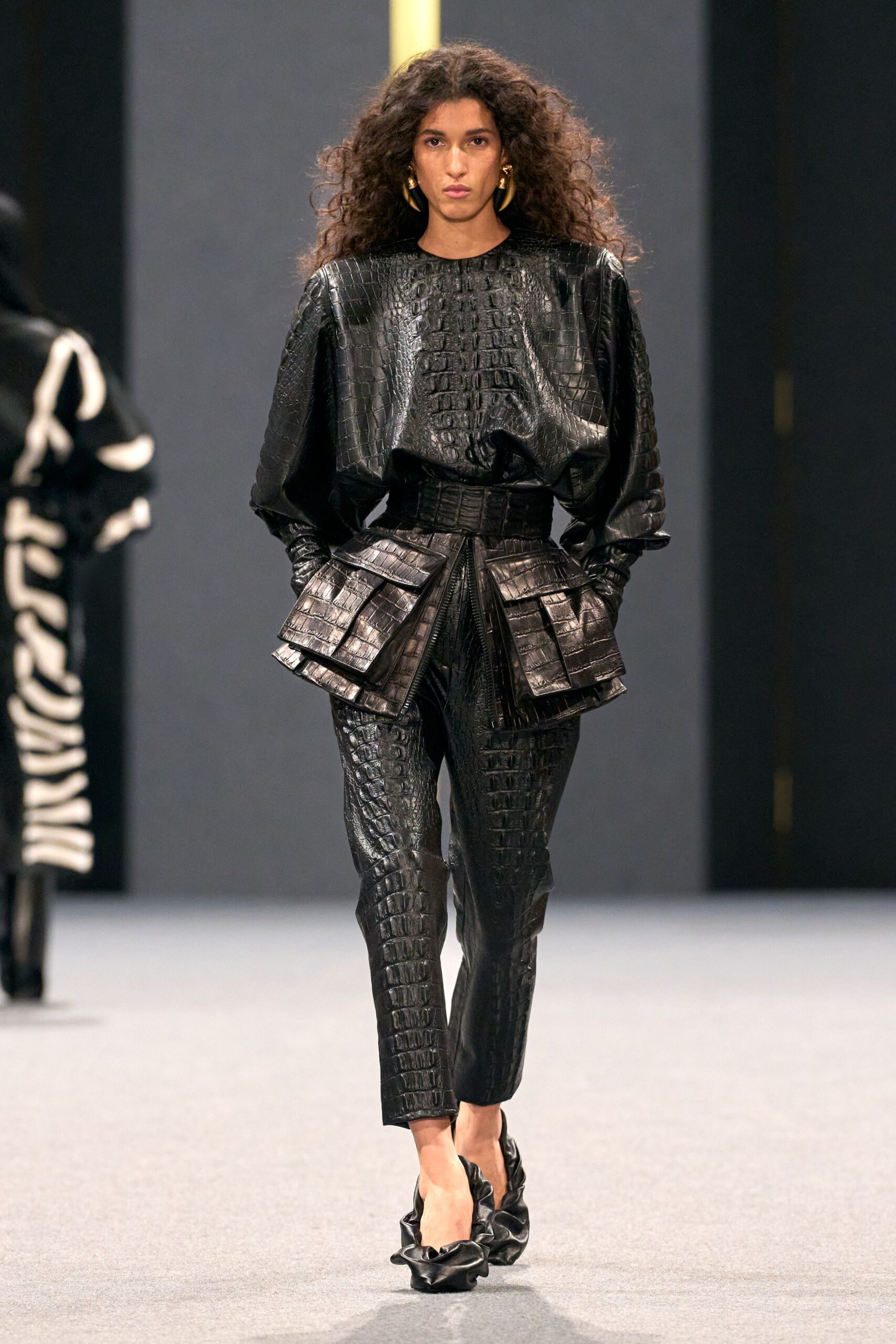 black leather fitted top and pants
