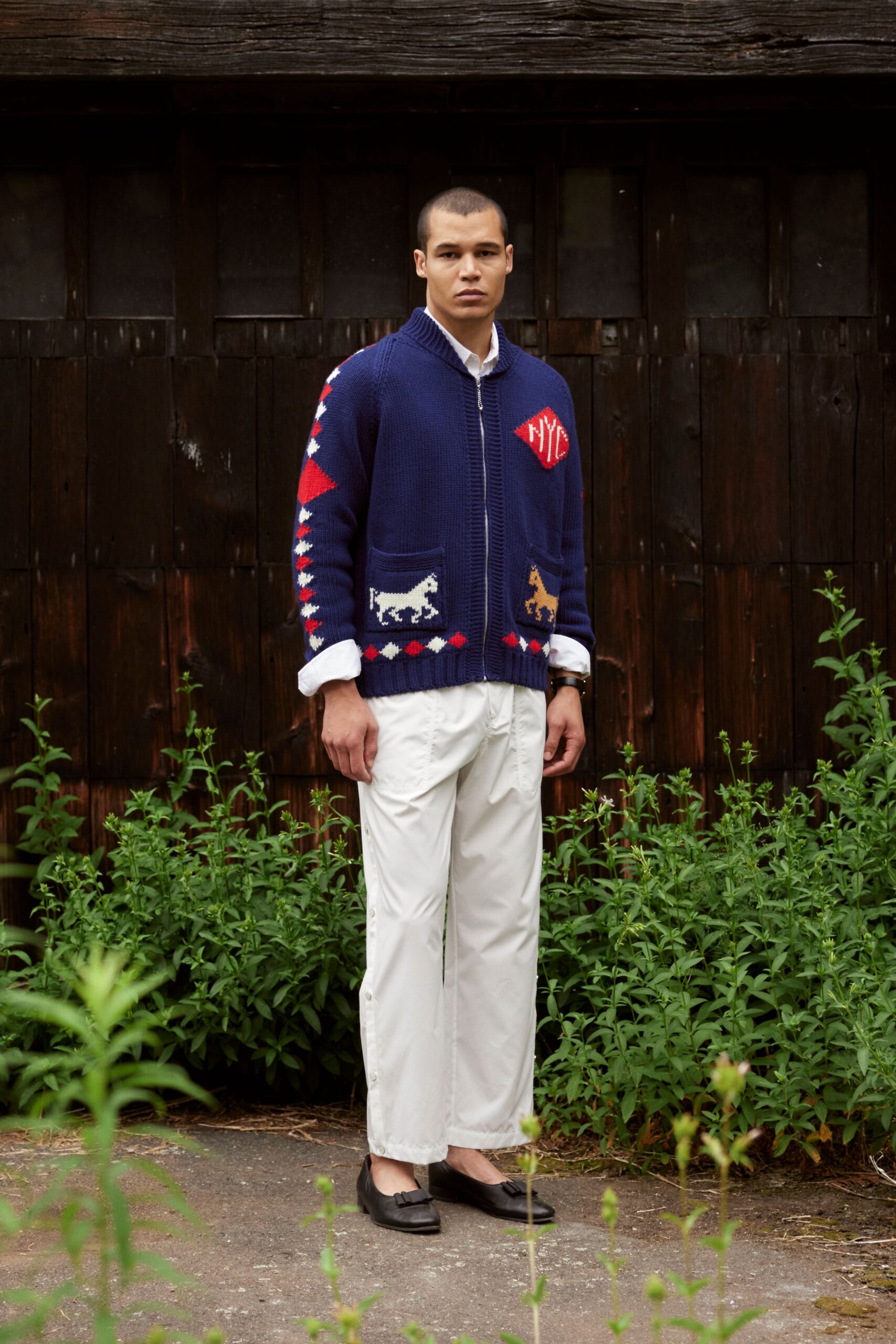 blue cotton long-sleeve collared relaxed embroidered sweater