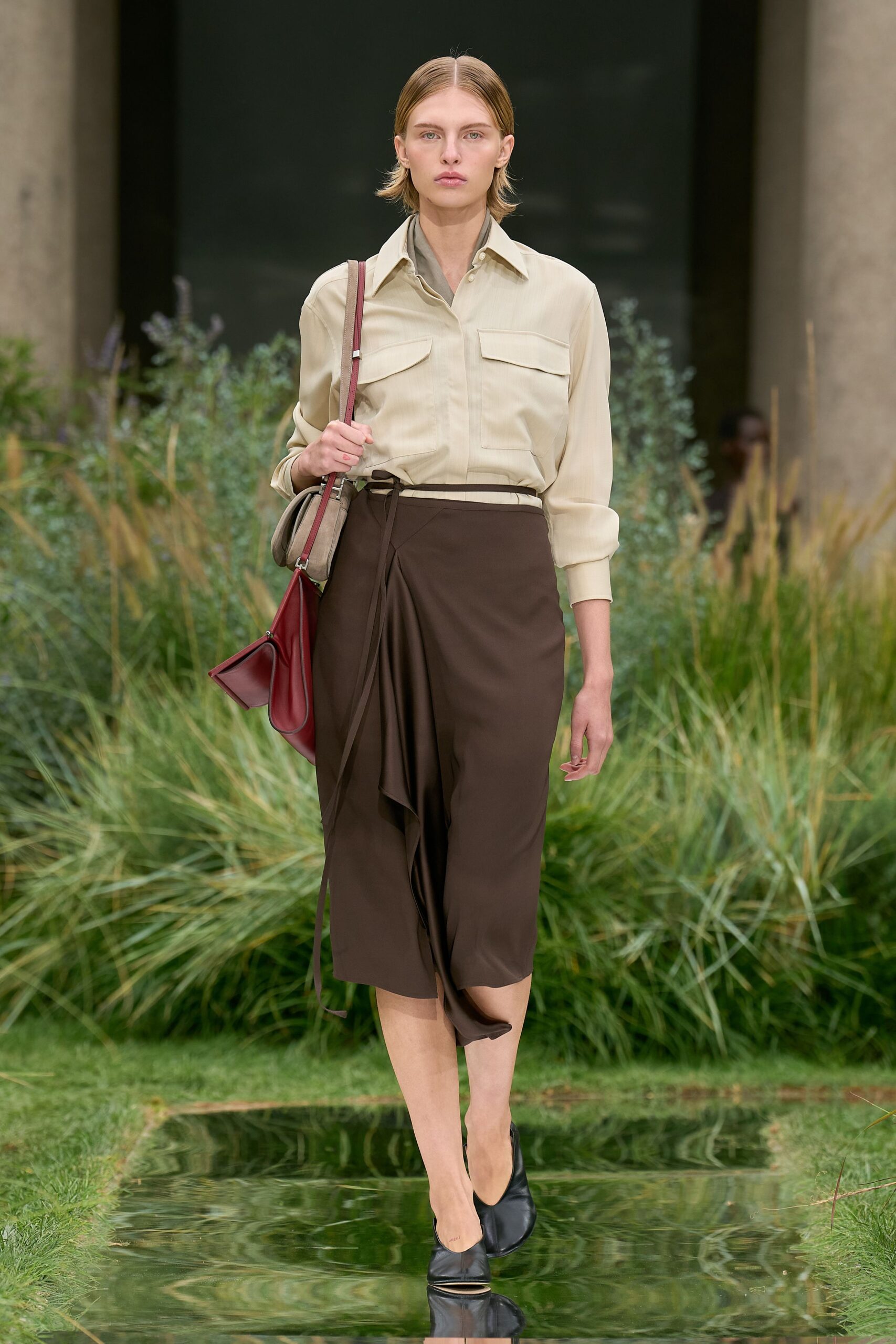 beige cotton shirt brown skirt