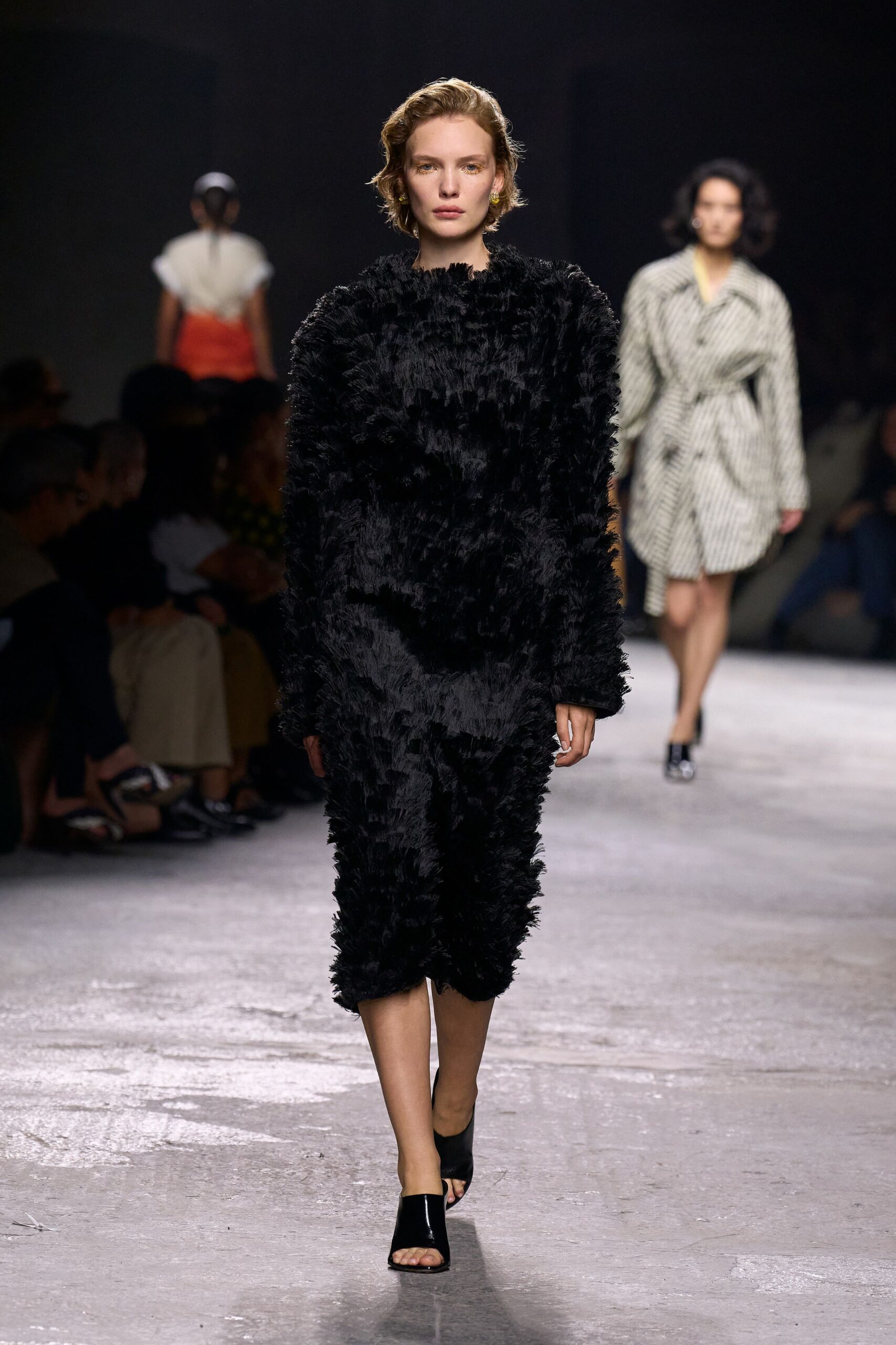 black fur midi dress with open-toe shoes