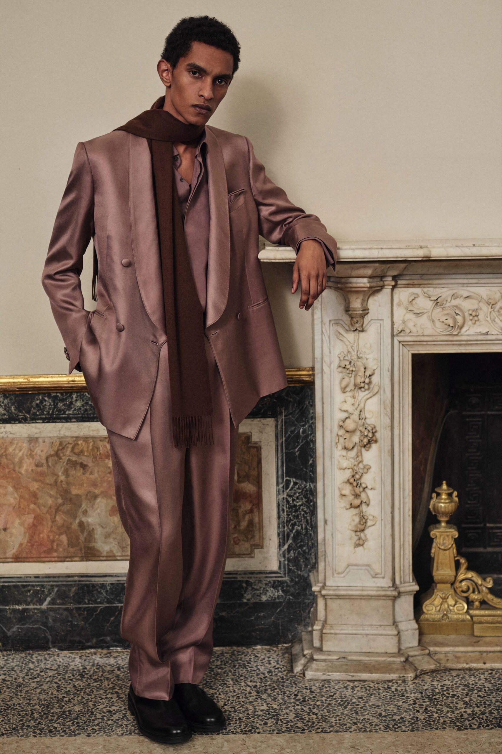 pink satin long-sleeve collared fitted shiny shirt
